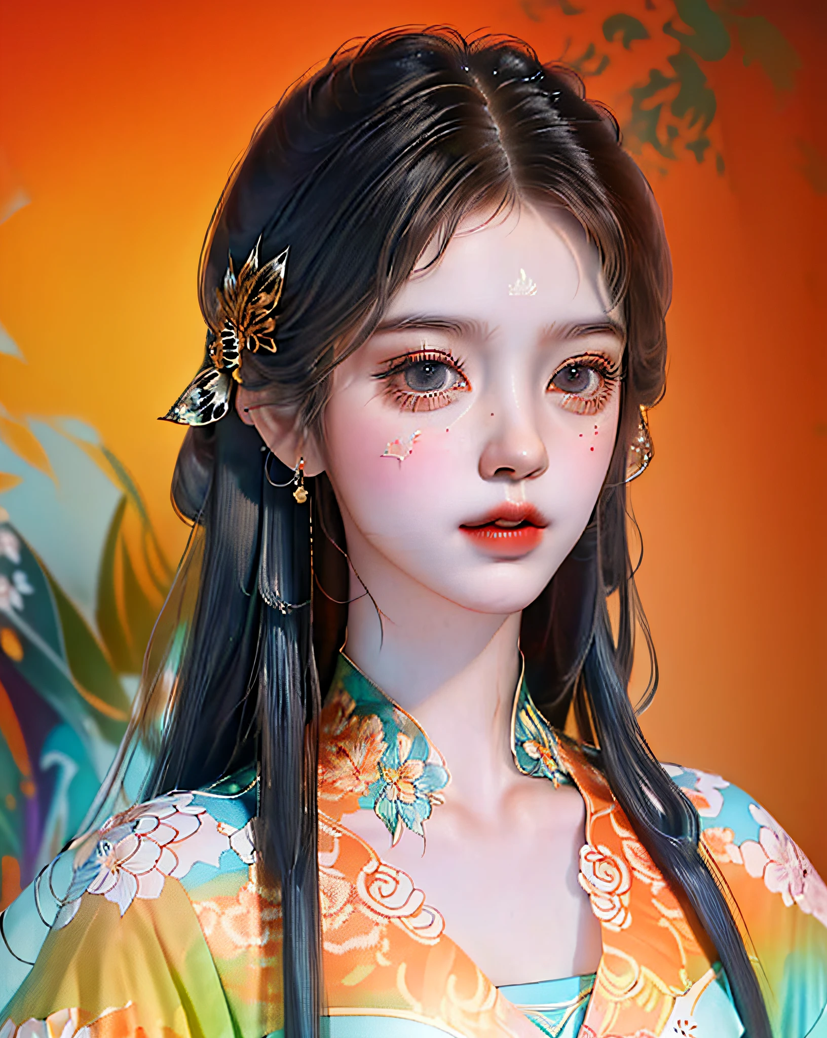 (masterpiece, top quality, best quality, official art, beautiful and aesthetic:1.2), (1girl:1.3), extremely detailed,(fractal art:1.2),colorful,highest detailed,(zentangle:1.2), (dynamic pose), (abstract background:1.5), (treditional dress:1.2), (shiny skin), (many colors:1.4), upper body