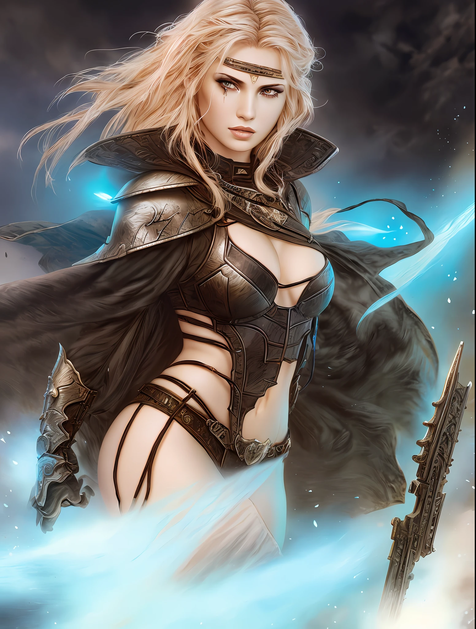 a woman, blonde, warrior, lustful (Extremely Detailed Oil Painting:1.2), glow effects, fire and ice, godrays, Hand drawn, render, 8k, octane render, cinema 4d, blender, dark, atmospheric 4k ultra detailed, cinematic sensual, Sharp focus, sexy illustration, sensitive posing, big depth of field, Masterpiece, colors, 3d octane render, 4k, concept art, trending on artstation, hyperrealistic, Vivid colors, extremely detailed CG unity 8k wallpaper, trending on ArtStation, trending on CGSociety, Intricate, High Detail, dramatic