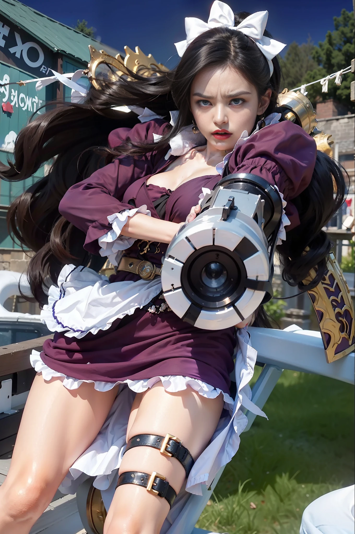 (female:1.2) (bodybuilder:0.8), hyper realistic, masterpiece, photorealistic, real skin, detailed face, detailed skin, detailed lighting, 1girl, (blue eyes), large breasts, long hair, black hair, purple dress, red lips, angry face, annoyed faced, holding canon