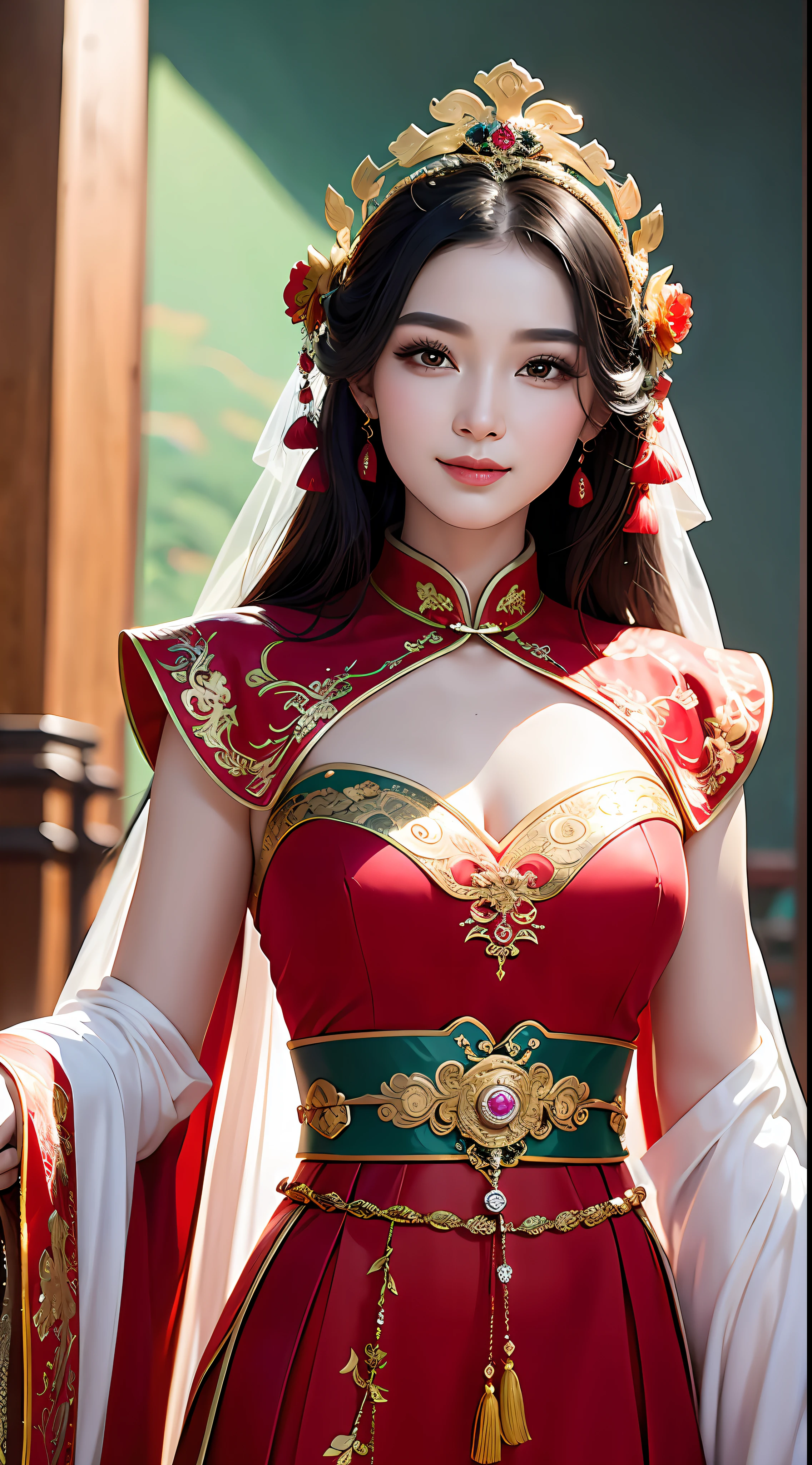 (8k, RAW Photo, Best Quality, Masterpiece: 1.2), (Realistic, Realistic: 1.37), 1 Girl, Aalfi Woman Posing for Photo in Red Dress and Headdress, Gorgeous Role Play, Beautiful Costume, Complex Fantasy Dress, Beautiful Fantasy Queen, Chinese Dress, Complex Dress, Complex Costume, Traditional Beauty, Gorgeous Chinese Model, Chinese Costume, Inspired by Lan Ying, Wearing Gorgeous Costume, Inspired by Puhua, wearing elegant Chinese Xiuhe dress, Chinese wedding dress, Phoenix crown Xia hand, antique bride, show dress, close-up, close-up, smile