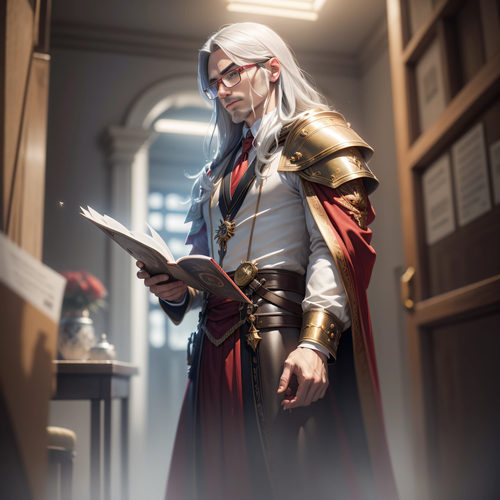 shoulder-length hair, shoulder-length hair, silver hair, one man, wizard, no beard, glasses, red suit, defined body, school uniform, wearing magic, red wizard robe with gold details, painting, alone, 16 to 17 years old, cinematic lighting, motion blur, ray tracing, drop shadow, seating chart, Sony FE, Sony FE GM, Realism, Action painting, glowing light, from side, Wide-Angle, Eye-Level Shot, chromatic aberration abuse, UHD, high quality, best quality, 16k