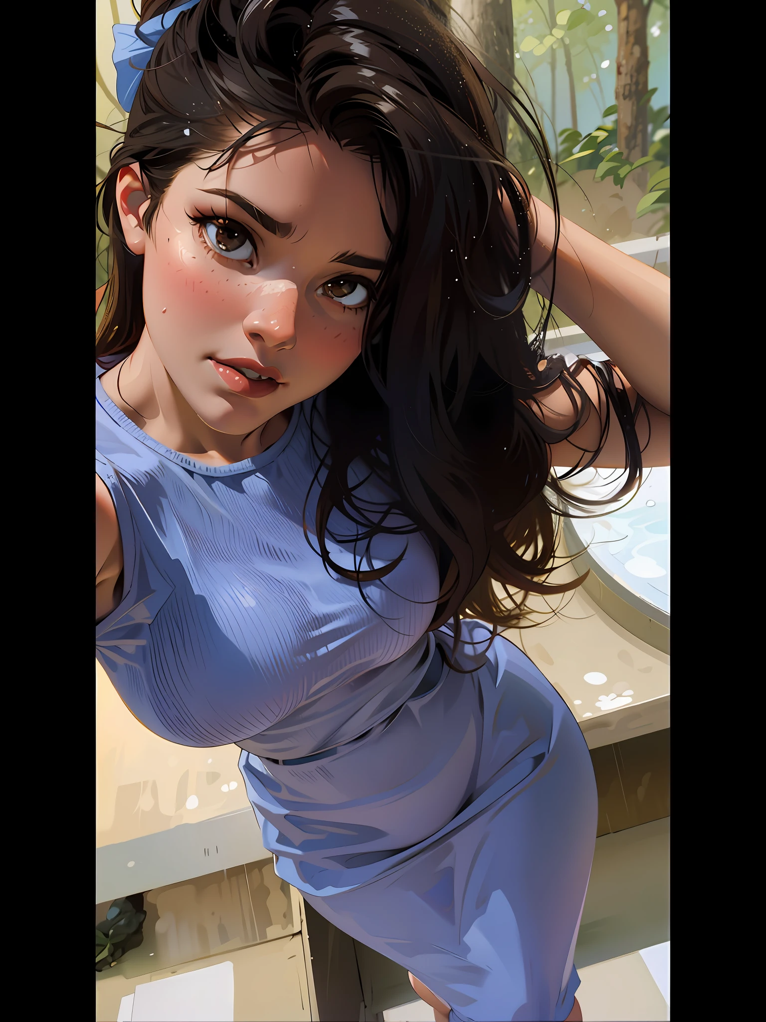 a hyper-realistic portrait of a young woman, half asleep, under a tree, inside a forest, lots of rain, in the middle of nature, 22 years old, realistic, (lying on her side), she is wearing a red panties, (wearing minimal dress), sexy, (huge breasts 2:1), wet clothing, short brown hair, (hair tied with bows), curved, SFW