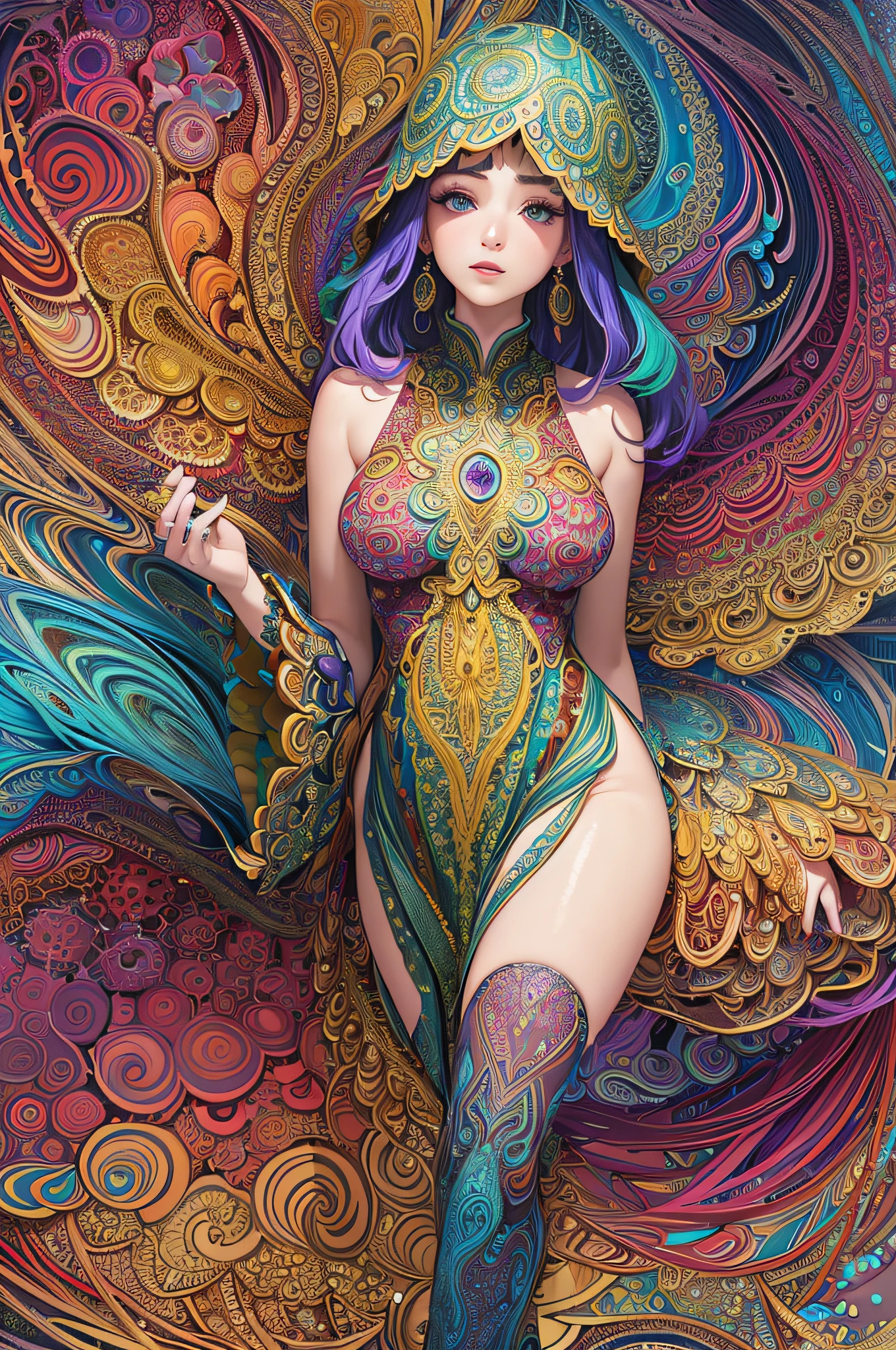 (masterpiece, top quality, best quality, official art, beautiful and aesthetic:1.2), (1girl:1.3), extremely detailed,(fractal art:1.2),colorful,highest detailed,(zentangle:1.2), (dynamic pose), (abstract background:1.5), (treditional dress:1.2), (shiny skin), (many colors:1.4), upper body