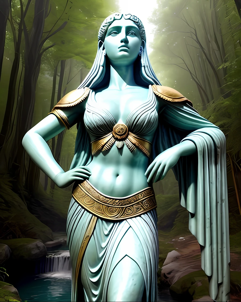statue of a woman in a blue dress standing in front of a stream, earth goddess mythology, 3 d goddess minerva, goddess. extremely high detail, elfic priestess, beautiful goddess, goddess of greek mythology, the greek goddess aphrotite, 3 d goddess portrait, ancient goddess, goddess of the forest, fae priestess, godess