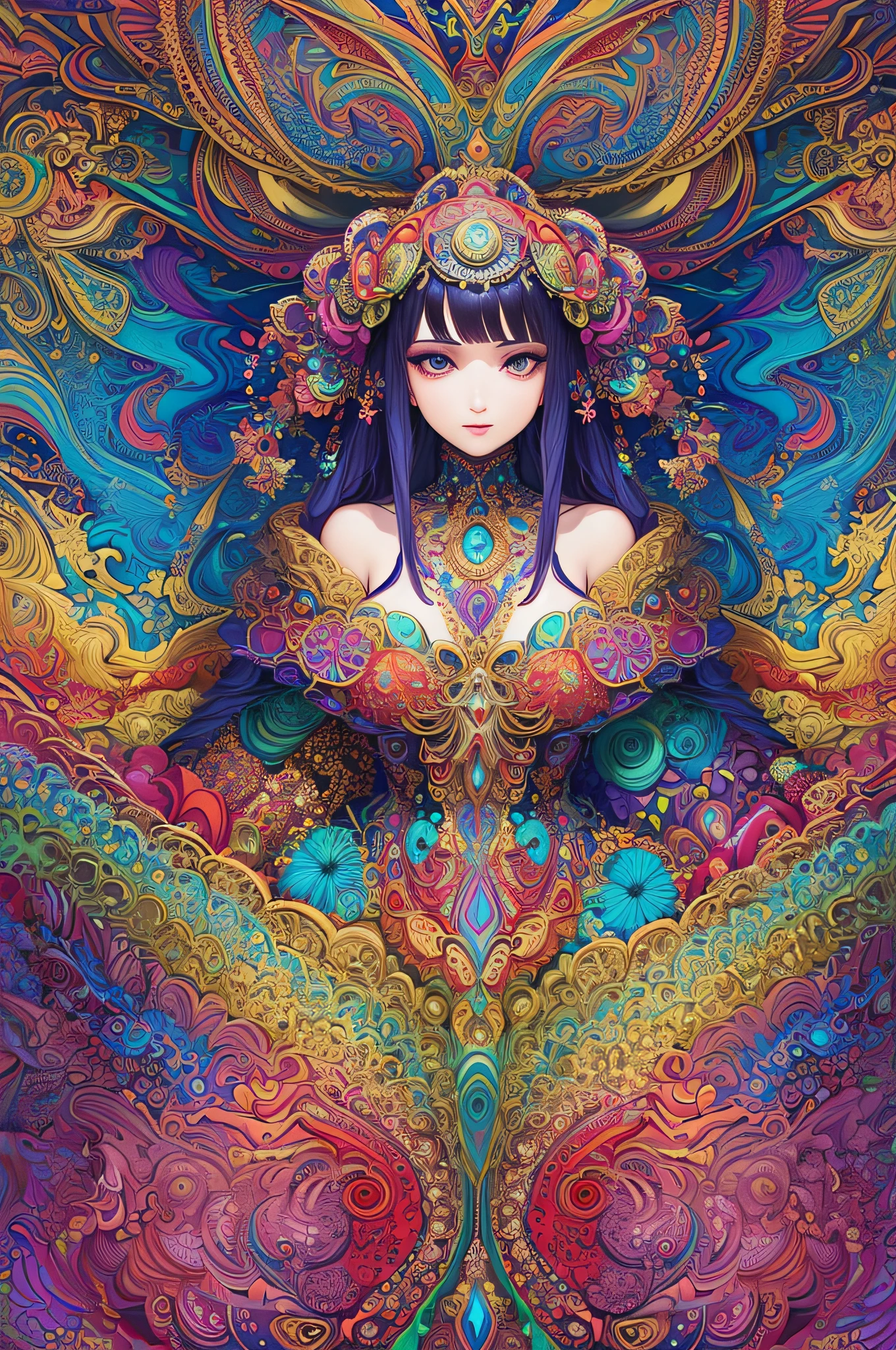 (masterpiece, top quality, best quality, official art, beautiful and aesthetic:1.2), (1girl:1.3), extremely detailed,(fractal art:1.2),colorful,highest detailed,(zentangle:1.2), (dynamic pose), (abstract background:1.5), (treditional dress:1.2), (shiny skin), (many colors:1.4), upper body
