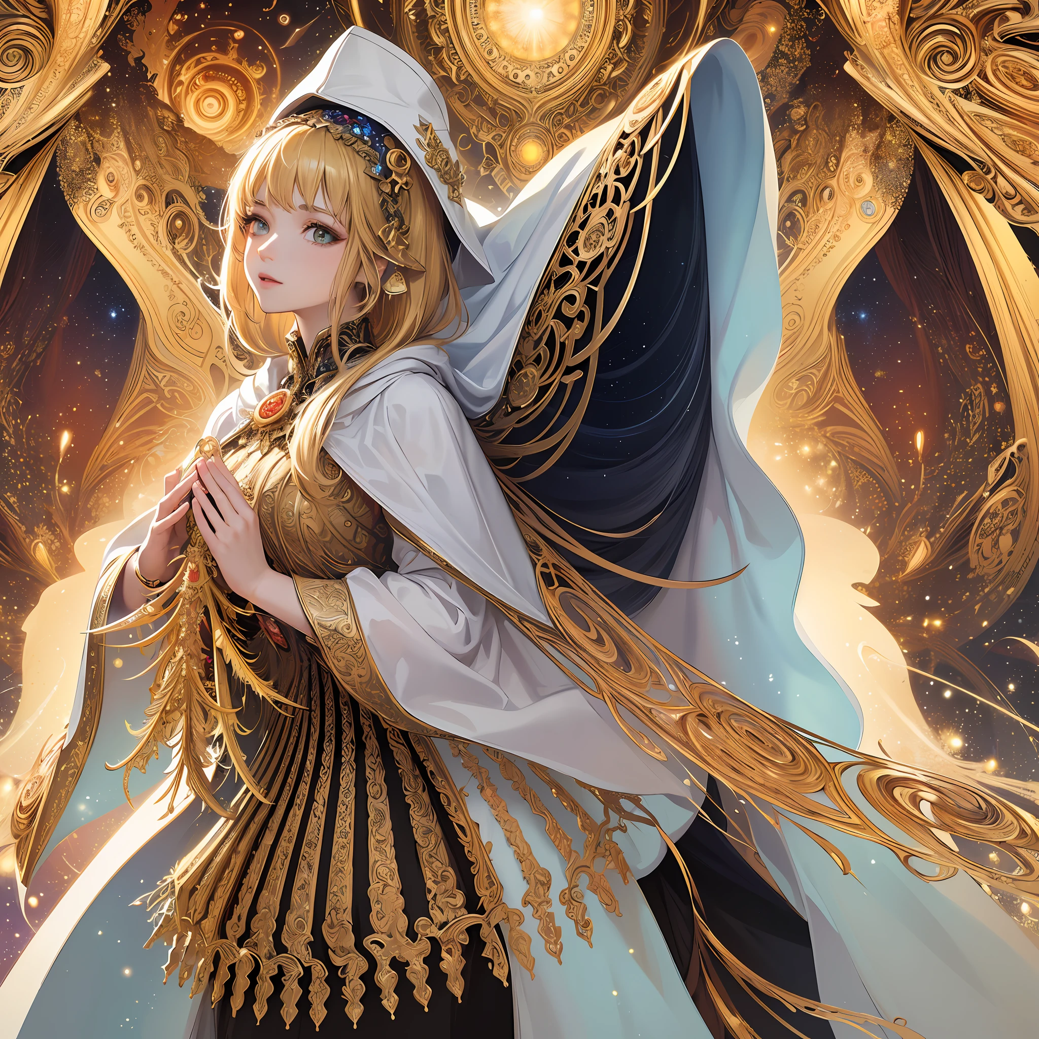 (masterpiece, top quality, best quality, official art, beautiful and aesthetic:1.2), (1girl), extreme detailed, (fractal art:1.3), colorful, highest detailed, perfect face, upper body, HDR, (praying:1.3), (white cloak golden lines:1.2), galaxy, (light streaks), striking visuals, (dynamic streaks, luminous trails:1.2), vibrant colors,