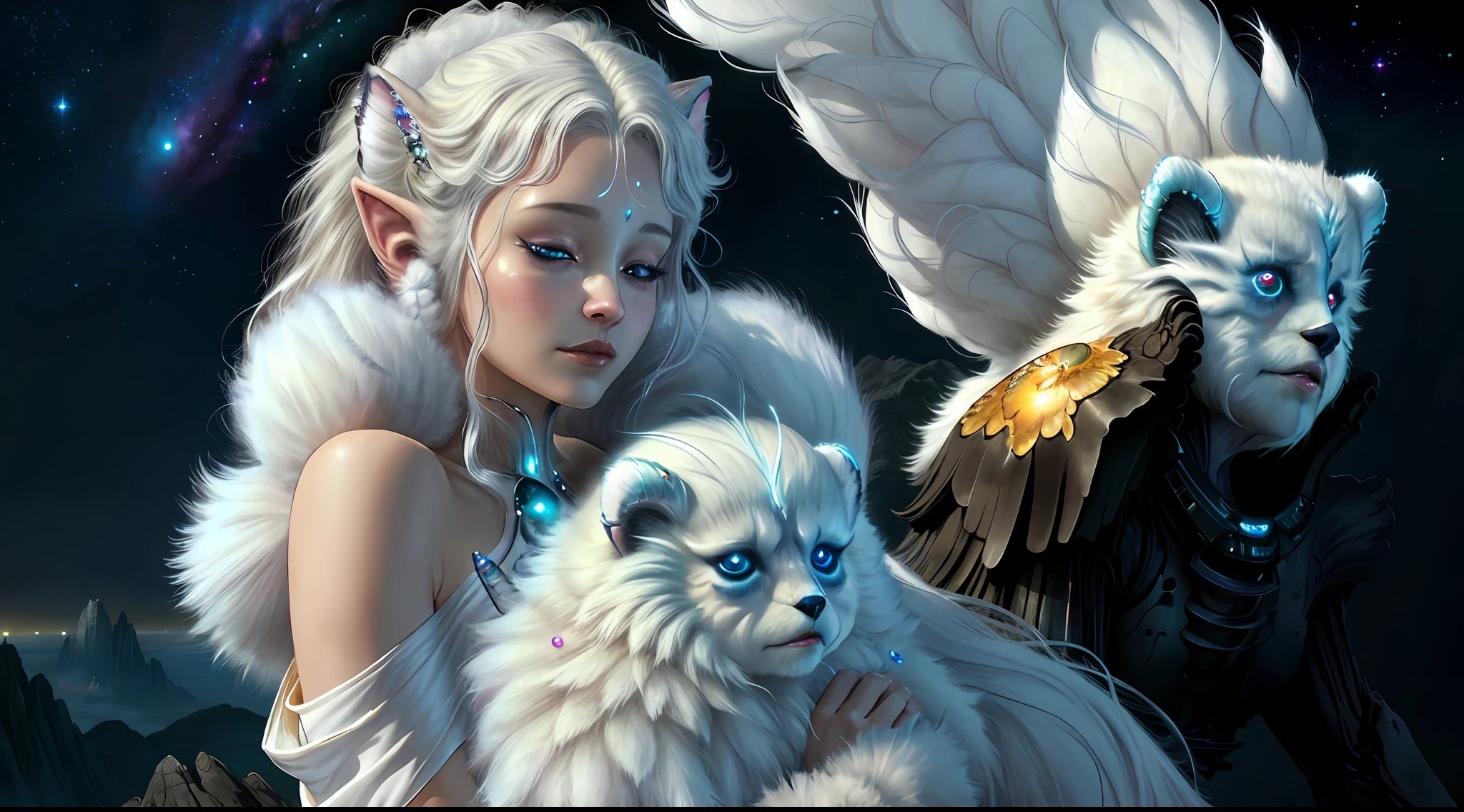 breathtaking masterpiece, best quality, highest quality, highly detailed, exquisite, award winning 8K digital painting of an ethereal and (incredibly beautiful female alien:1.4) with luminescent body parts that shimmer like stardust (lying gracefully on a steep cliff:1.2), casting a watchful gaze over (the galaxy:1.33), (a fluffy creature rests on her shoulder:1.8), intricate details, golden ratio, BaroqueAI, v0id3nergy, by Louis Royo