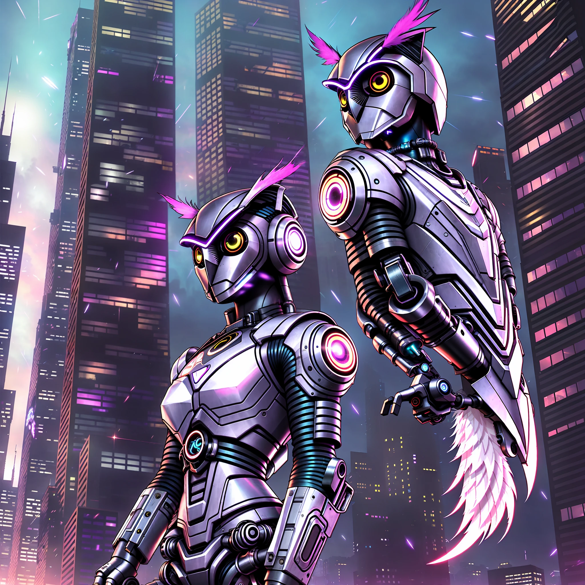 Cybernetic owl person leaning against a building, nvinkpunk style, (owl head), large head, feathers, (cyberpunk), (purple eyes), highly detailed, CGI, beautiful, punk, (sharp detail), art by artgerm