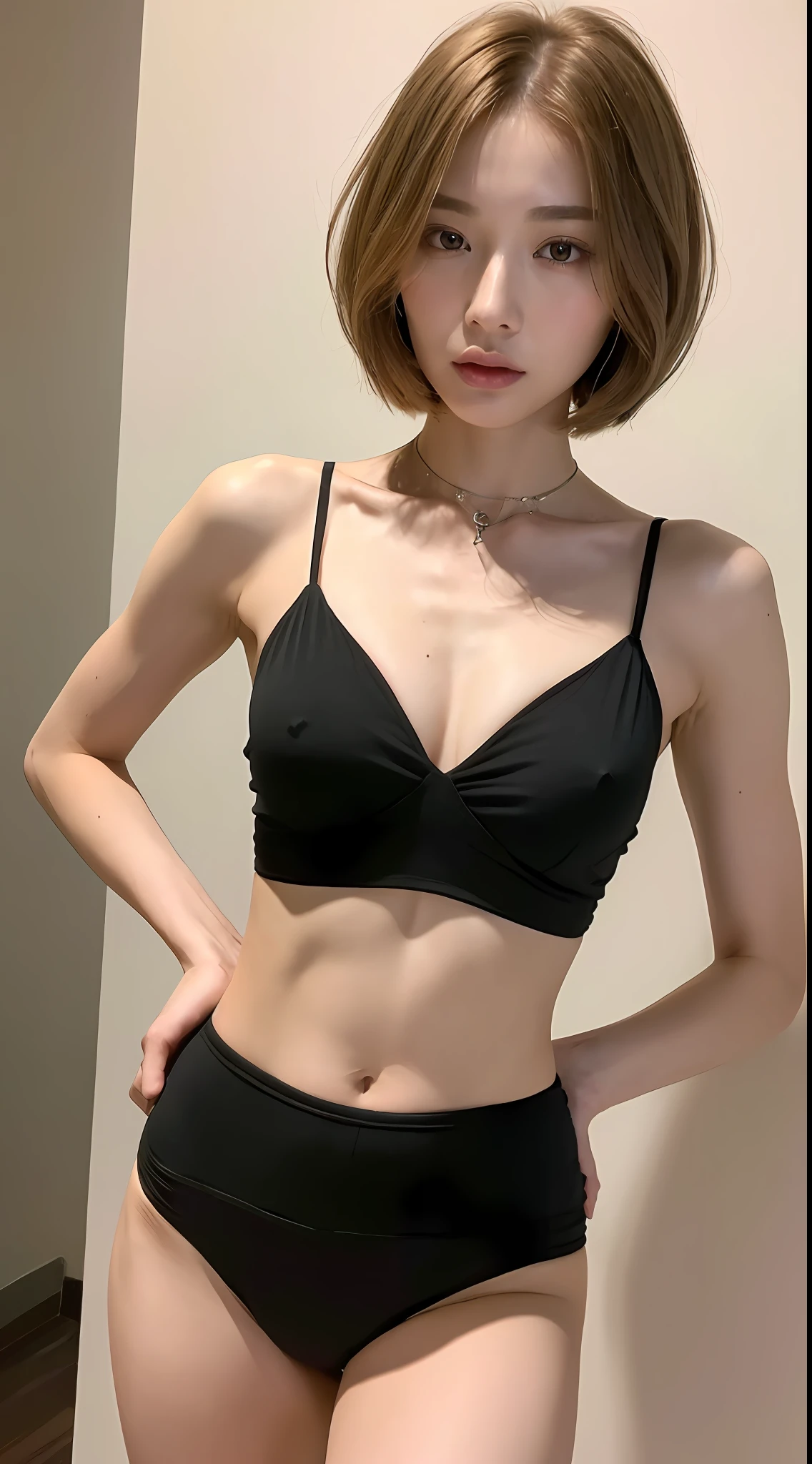 ((Top Quality, 8k, Masterpiece: 1.3)), 1 girl, Beautiful woman with slender abs: 1.3, (Highlight Haircut, Breast A-Cup: 1.2), Black See-through: 1.1, Ultra Detailed Face, Detailed Eyes, Double Eyelids, Full Body