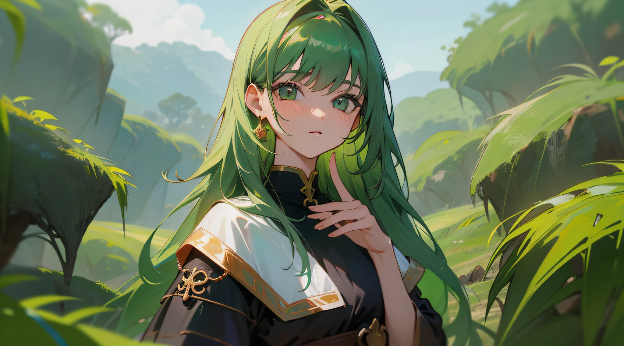 guerreira, franja, ruiva, cabelo curto, olhos verdes, cabelo entre os olhos, fundo borrado, high res, seios grandes, corpo inteiro, fantasia, medieval