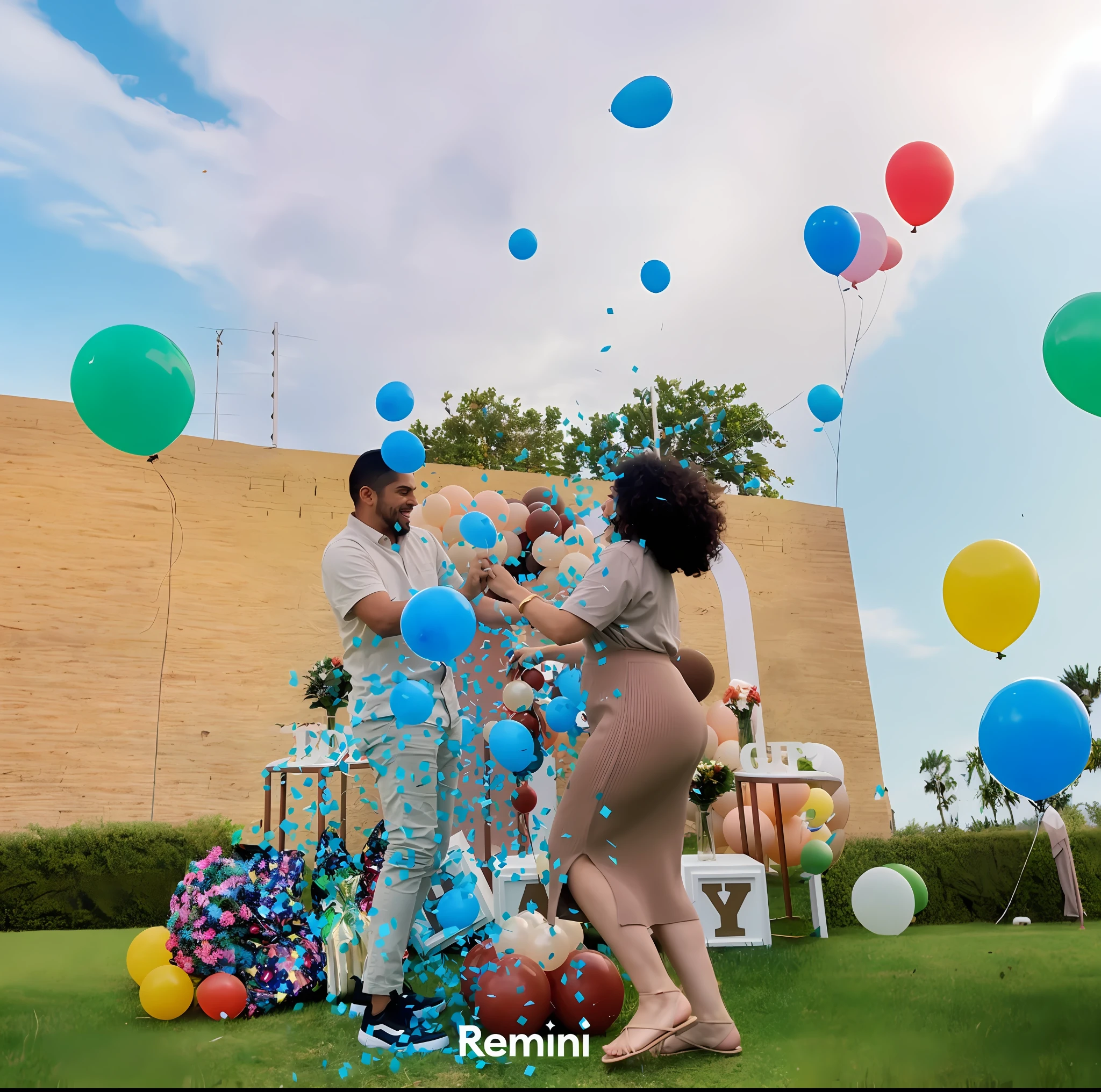 there are two people who are standing on the grass with balloons, , edited, 1614572159, by Charly Amani, very animated, an ultra realistic, look at the details, confetti, really realistic, slightly realistic,
