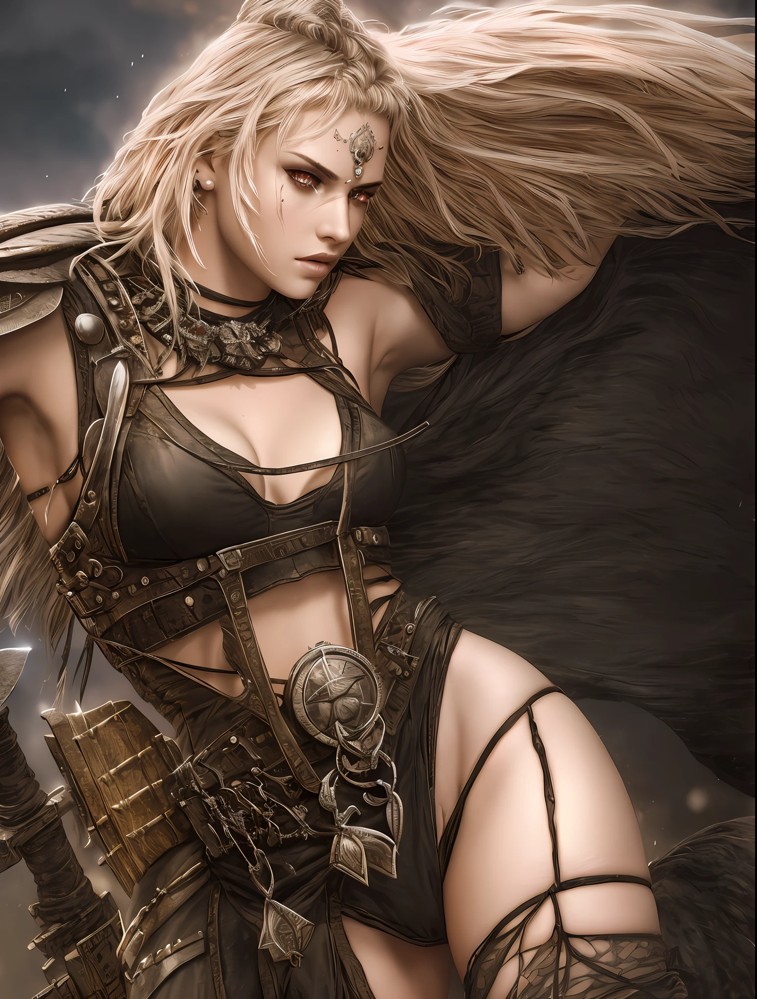 a woman, blonde, warrior, lustful (Extremely Detailed Oil Painting:1.2), bikini armor, sexy, glow effects, fire and ice, godrays, Hand drawn, render, 8k, octane render, cinema 4d, blender, dark, atmospheric 4k ultra detailed, cinematic sensual, Sharp focus, sexy illustration, sensitive posing, big depth of field, Masterpiece, colors, 3d octane render, 4k, concept art, trending on artstation, hyperrealistic, Vivid colors, extremely detailed CG unity 8k wallpaper, trending on ArtStation, trending on CGSociety, Intricate, High Detail, dramatic