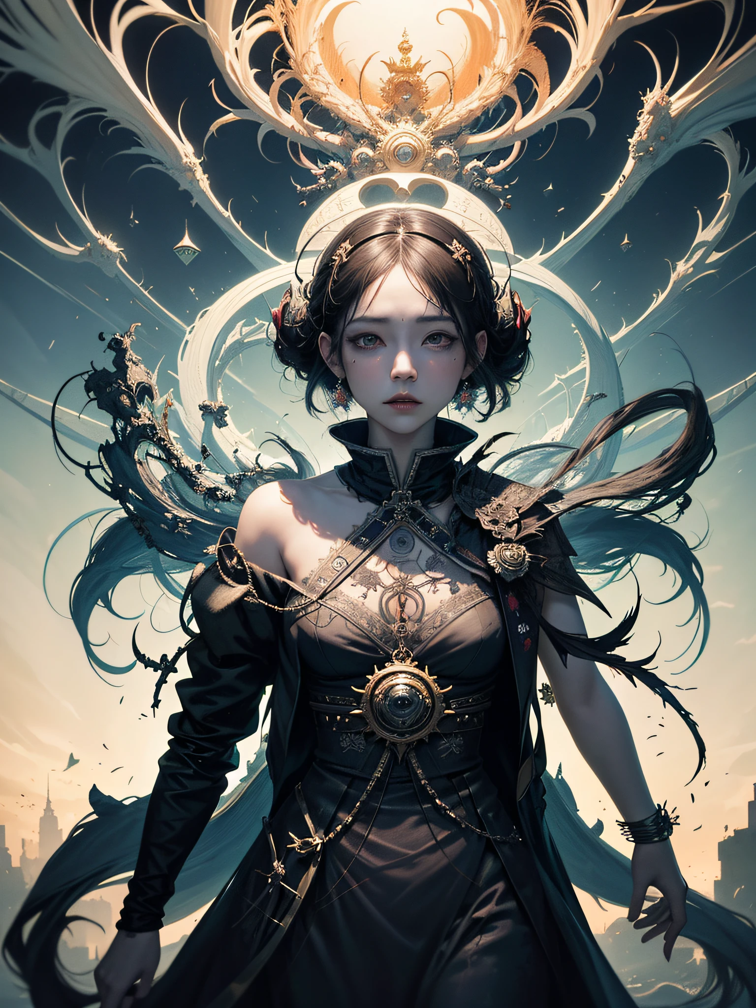 official art, unity 8k wallpaper, ultra detailed, beautiful and aesthetic, masterpiece, best quality, (zentangle, mandala, tangle, entangle), (fractal art:1.3) , 1girl, extremely detailed, dynamic angle, cowboyshot, the most beautiful form of chaos, elegant, a brutalist designed, vivid colours, romanticism, by james jean, roby dwi antono, ross tran, francis bacon, michal mraz, adrian ghenie, petra cortright, gerhard richter, takato yamamoto, ashley wood, atmospheric, ecstasy of musical notes, streaming musical notes visible