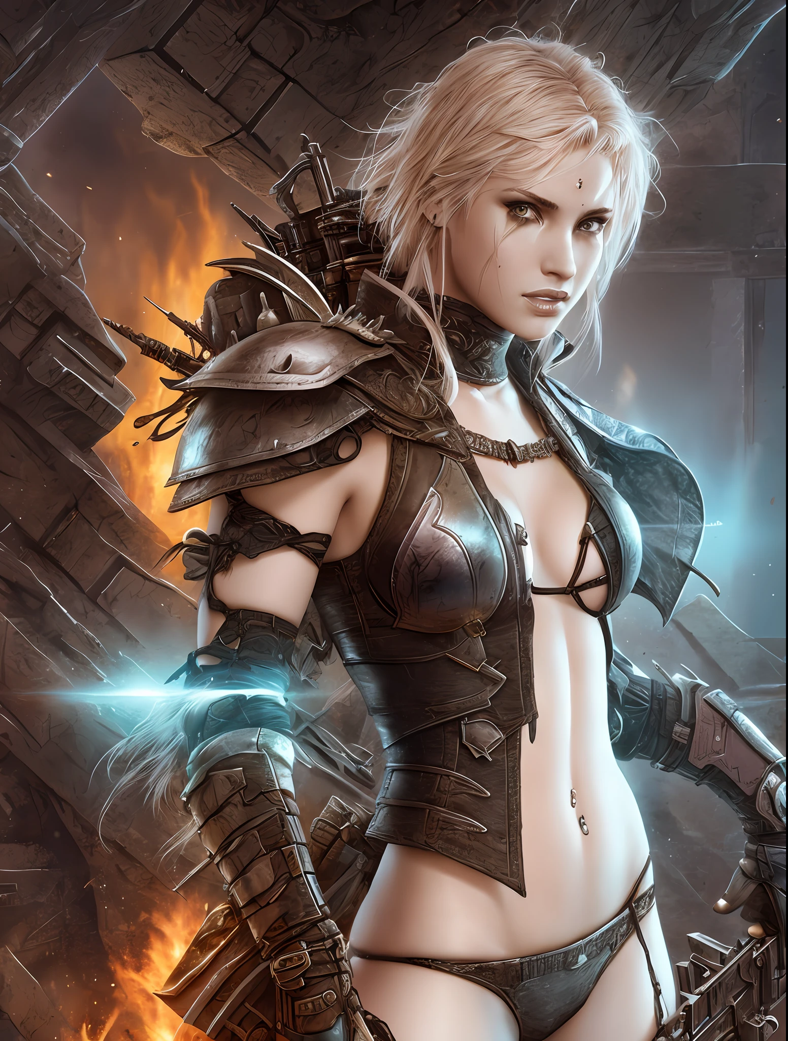a woman, blonde, warrior, lustful (Extremely Detailed Oil Painting:1.2), bikini armor, sexy, glow effects, fire and ice, godrays, Hand drawn, render, 8k, octane render, cinema 4d, blender, dark, atmospheric 4k ultra detailed, cinematic sensual, Sharp focus, sexy illustration, sensitive posing, big depth of field, Masterpiece, colors, 3d octane render, 4k, concept art, trending on artstation, hyperrealistic, Vivid colors, extremely detailed CG unity 8k wallpaper, trending on ArtStation, trending on CGSociety, Intricate, High Detail, dramatic