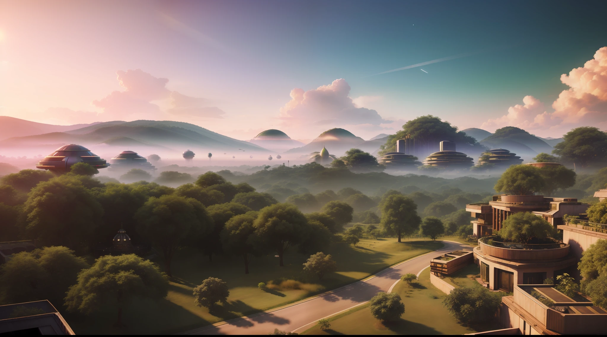 Solarpunk utopian community, lots of trees and plants, cityscape, hills, dawn, sci-fi, amazing details, vibrant, photorealistic, realistic, dramatic, cinematic lighting, sharp focus, 8k