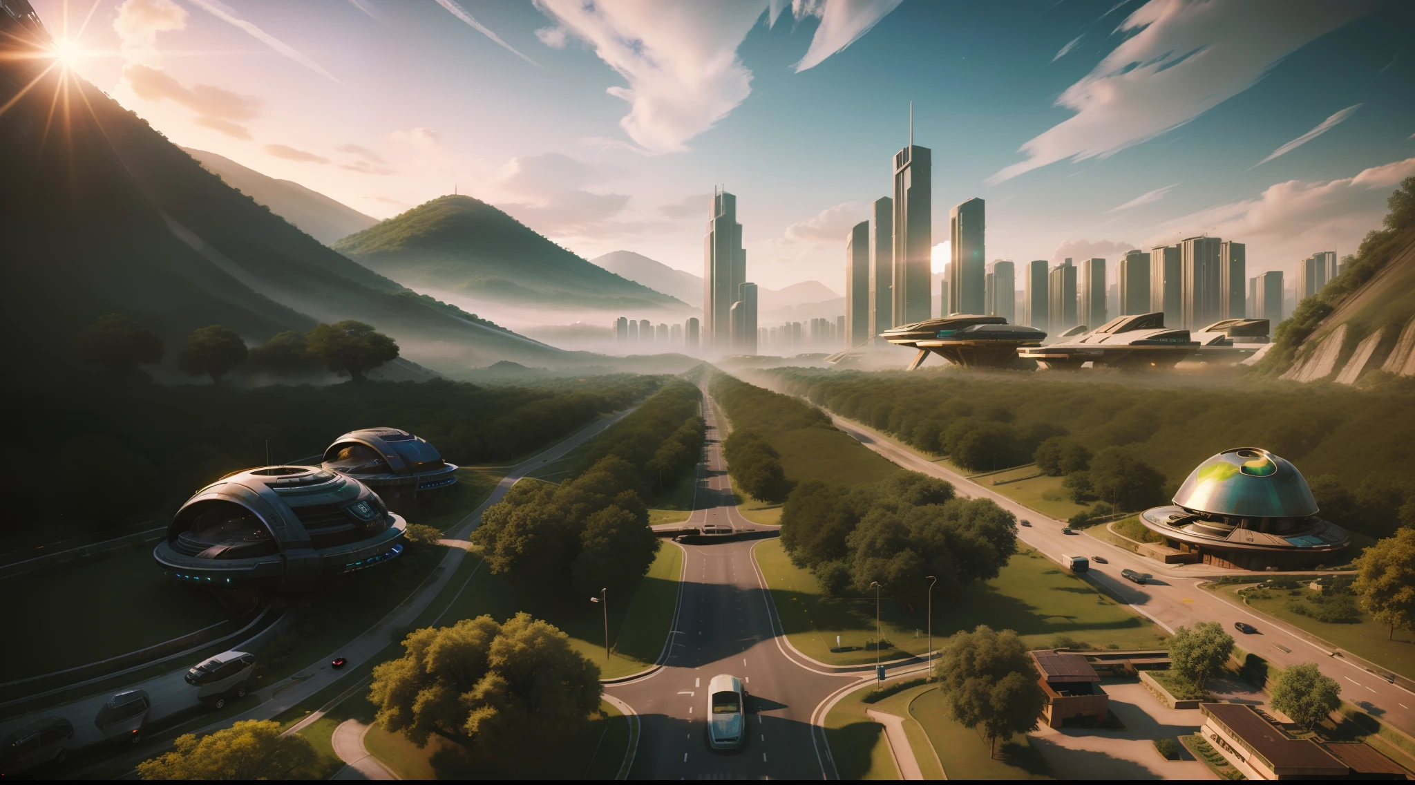 Solarpunk utopian community, lots of trees and plants, cityscape, hills, dawn, sci-fi, amazing details, vibrant, photorealistic, realistic, dramatic, cinematic lighting, sharp focus, 8k