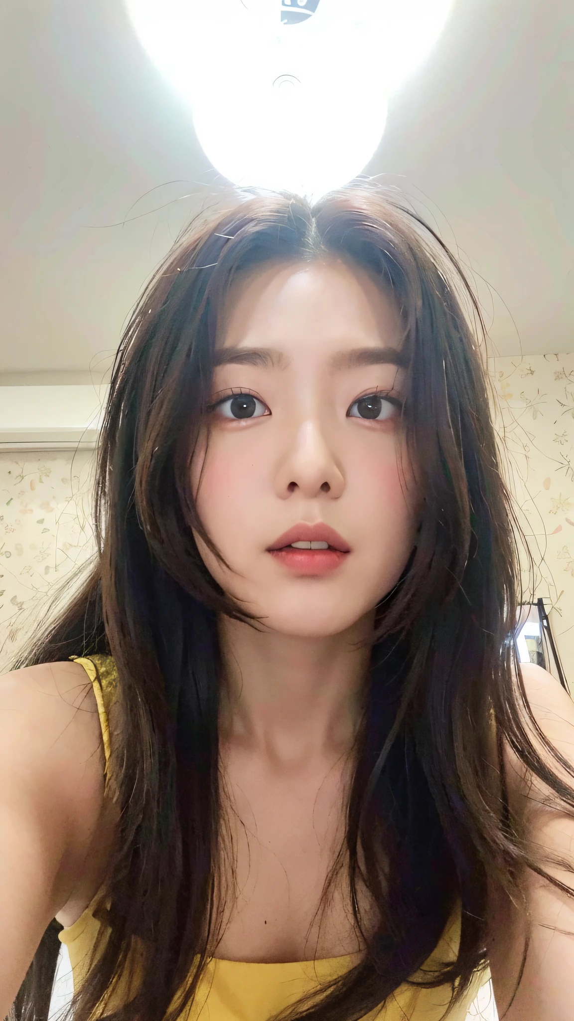 arafed woman with long hair and a yellow top taking a selfie, gongbi, korean girl, heonhwa choe, jaeyeon nam, beautiful south korean woman, young cute wan asian face, Ye Wenfei, park ji-min, bae suzy, xintong chen, korean woman, xision wu, 2 7 years old, with round face