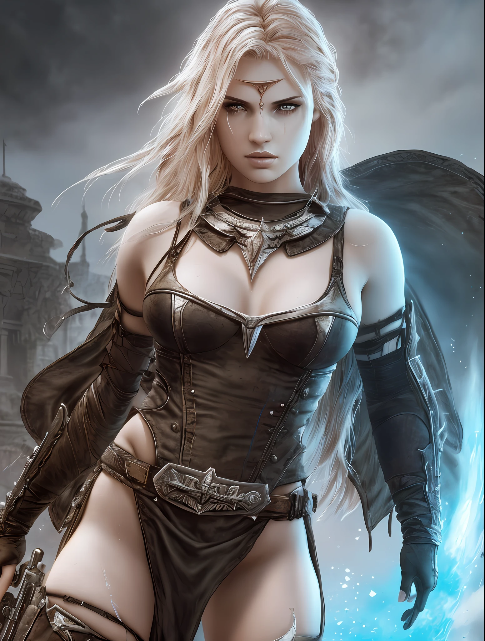a woman, blonde, warrior, lustful (Extremely Detailed Oil Painting:1.2), bikini armor, sexy, glow effects, fire and ice, godrays, Hand drawn, render, 8k, octane render, cinema 4d, blender, dark, atmospheric 4k ultra detailed, cinematic sensual, Sharp focus, sexy illustration, sensitive posing, big depth of field, Masterpiece, colors, 3d octane render, 4k, concept art, trending on artstation, hyperrealistic, Vivid colors, extremely detailed CG unity 8k wallpaper, trending on ArtStation, trending on CGSociety, Intricate, High Detail, dramatic