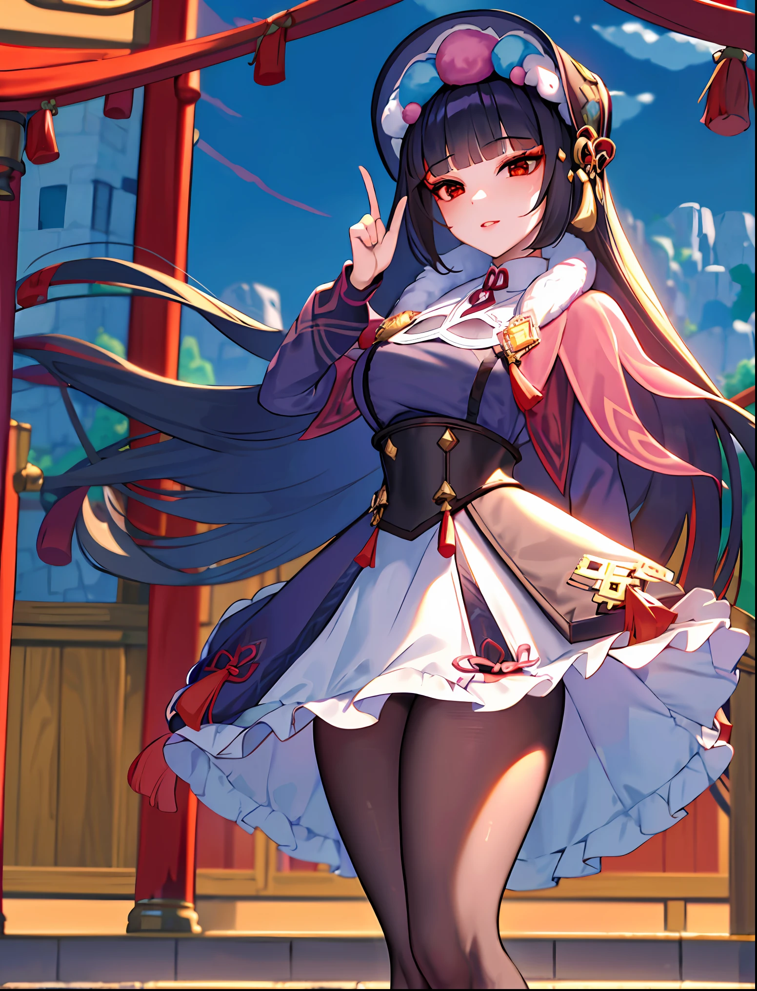 ((masterpiece:1.2)), best quality, (pretty face), dramatic lighting,1girl, solo, blunt bangs, hime cut, black corset, black hair, collar, mascara, ((red eyeshadow)), long hair, sidelocks, floating hair, looking at viewer, (makeup), pink capelet, qi lolita, red eyes, puffy long sleeves, bonnet, purple dress, (large breasts), (under bust), parted lips, light smile, hand up, index finger raised, skirt, (purple pantyhose), Pantyhose Showing Panties, panties under pantyhose, underwear, (wind blowing skirt), anime screencap, (night sky), east asian architecture, Liyue, tassel, black footwear, (half closed eyes), genshin impact, boots, (full body view),