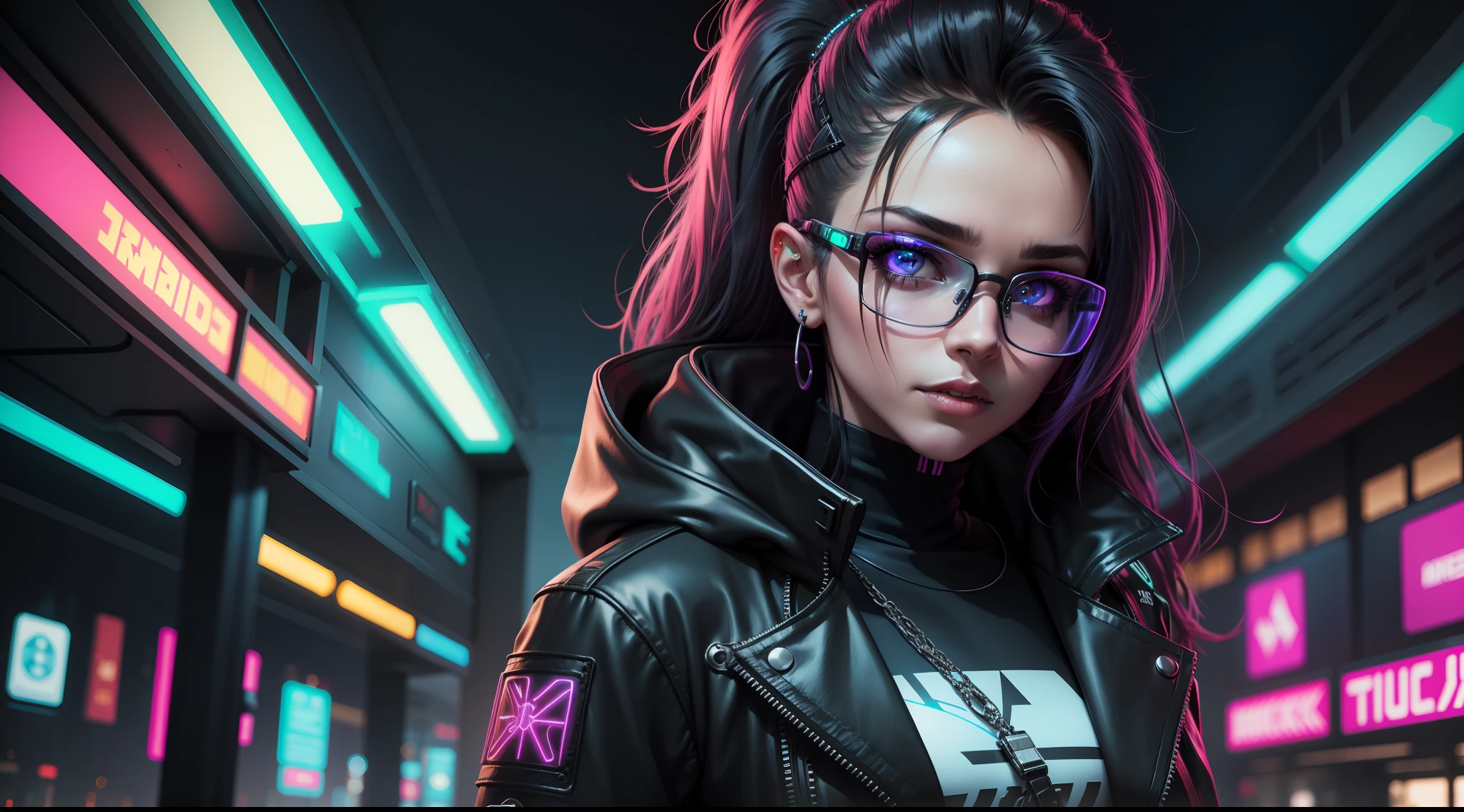 a woman wearing glasses and a leather jacket with neon lights, cyberpunk eye wear, brilho cyberpunk brilhante, cyberpunk vibes, vibe cyberpunk, modelo bonito da mulher cyberpunk, olhar cyberpunk, Foto cyberpunk, cyberpunk cores vibrantes, estilo cyberpunk, no estilo cyberpunk, cyberpunk sonhadora, cor estilo cyberpunk, tem estilo cyberpunk, cara bonita da meninapunk, alta moda cyberpunk, cyberpunk menina boniterpunk lighting