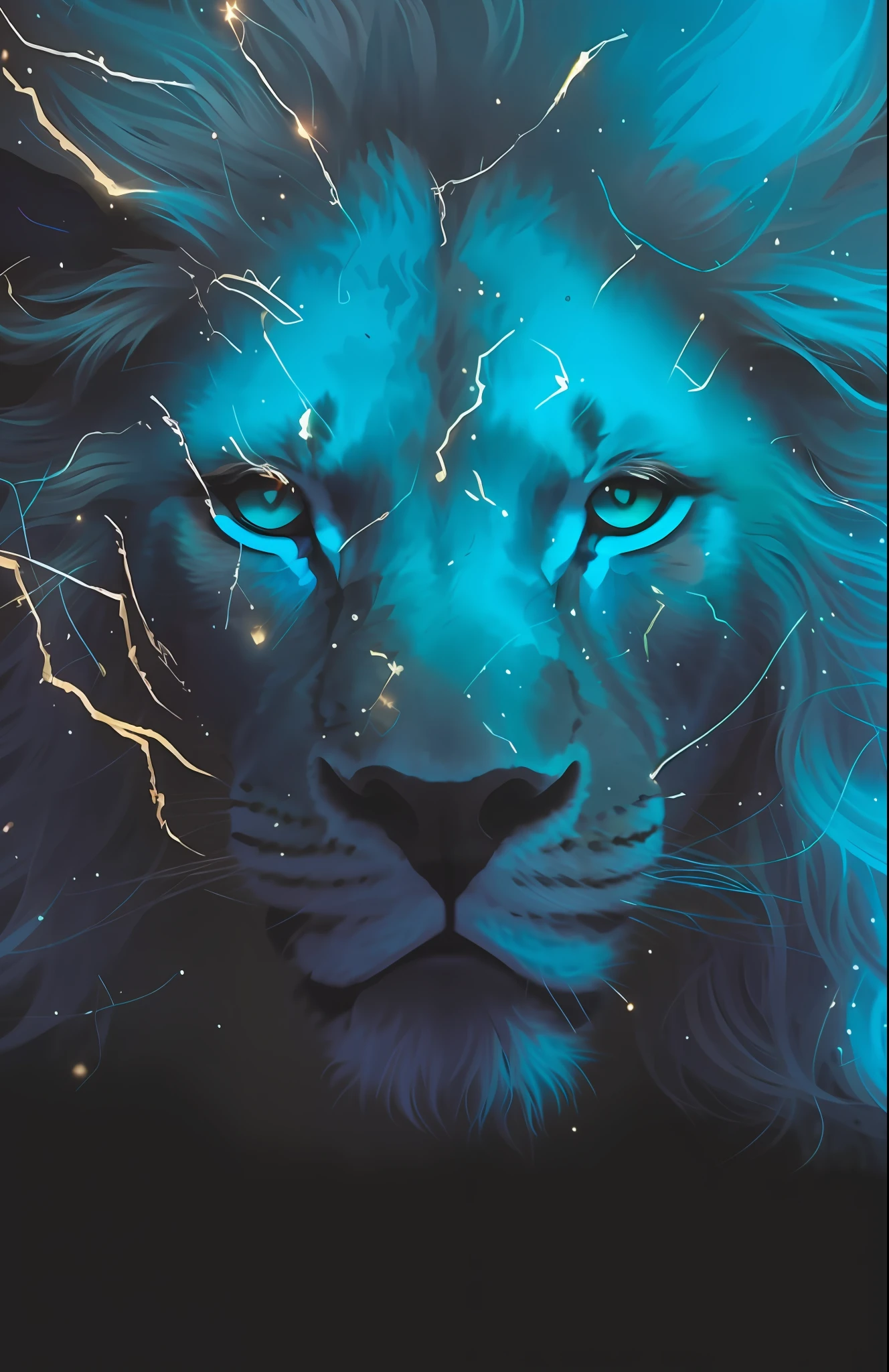 painting of a lion with a blue mane and lightning in the background, roaring blue lion. majestoso, Direction: Adam Marczyński, lion, Direction: Adam St. Peter's, Aslam, the Lion, lions, leao guerreiro, amazing art, eletrizante, fire lion, forte e feroz, half lion, lion's gate, lion icon, imagem 4k, high res, high-resolution digital painting, Amazing details,