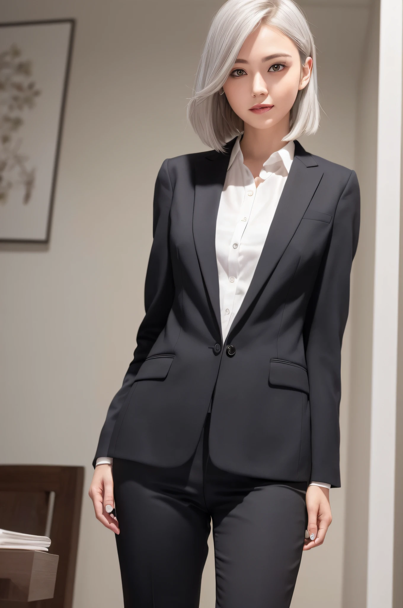 (RAW photos, highest quality), (Realistic, Photorealistic: 1.3), masterpiece, very delicate and beautiful, very elaborate, CG, Unity, 2K wallpapers, wonderful, fine, bright smile, very elaborate CG Unity 8K wallpapers, huge file size, ultra high definition, high resolution, absurdity, soft light, ((Short hair: 1.3), short bang, Silver hair, floating hair novafrog style), beautiful girl in detail, fine fingers, very fine eyes and face, beautiful nose in detail, beautiful eyes in detail, long eyelashes, shining light on face, looking at the viewer, (with mouth closed: 1.2) 1 girl, cute, young, mature face, (full body: 1.3) realistic face, realistic body, slender beautiful thighs, ( ulzzang-6500-v1. 1:0.8) Business suits, cross lace clothes, collared shirts, open clothes, office, open cardigan, black thighs,