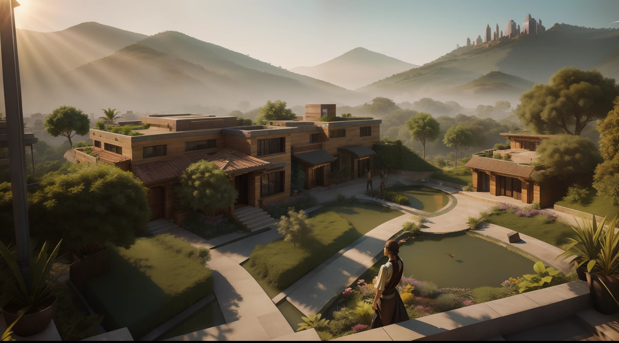 realistic solarpunk utopian community, lots of trees and plants, cityscape, high terrace, hills, dawn, photorealistic art, sci-fi, awesome, lots of light, hyperrealistic, award-winning masterpiece with incredible detail, no artifacts, extremely detailed, rigid , refraction, shallow depth of field, volumetric light and shadow, ray tracing, light rays, 8k