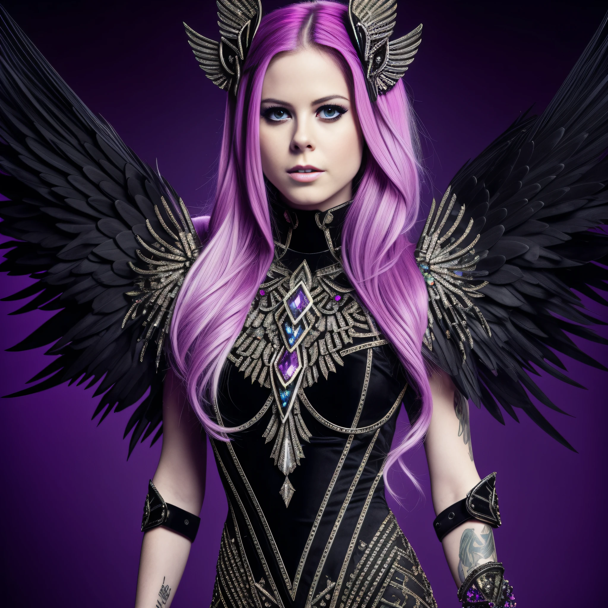 Ultra Photo of Avril Lavigne with spinel black wings on dress with tourmaline diamond kunzite sparks, 16K texture, robotic and extravagant dress and strange hairstyle, 16k image, haute couture, flashes, high image quality, extravagant and bright dress, realistic face and body, tattoos, 16k body and face, dramatic poses, UHD HDR DSLR