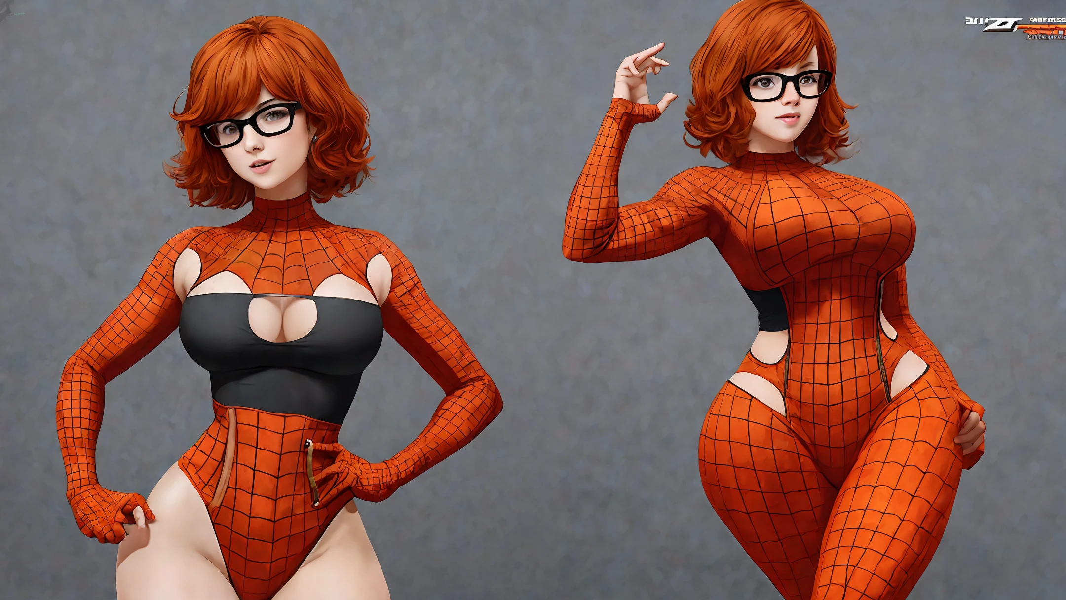 Sexy girl, light orange wavy short hair, round glasses, cute face, small breasts, big booty, thick thighs, wearing tight spiderman costume, realistic, full body, detailed
