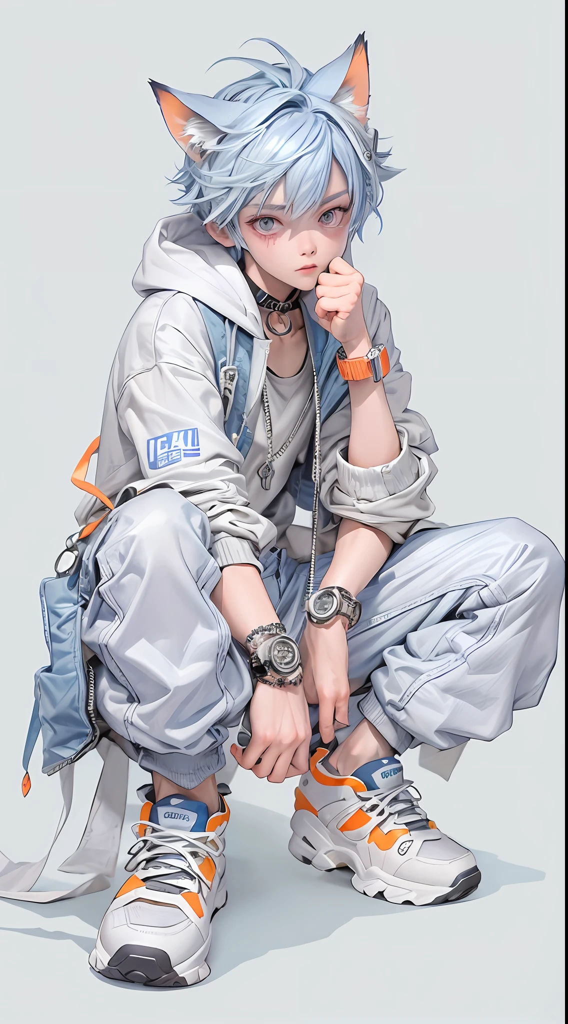 a masterpiece，Bestquality，offical art，8kwallpaper，Extremely Detailed，Illustration，1BOY，Animal ears，blue hair，with short hair，Trendy outfits，Silver necklace，Orange mechanical watch，white sneakers，squat down，Hands droop naturally，Blue hooded jacket with graphic monogram，Light-colored denim cargo pants，Street side，