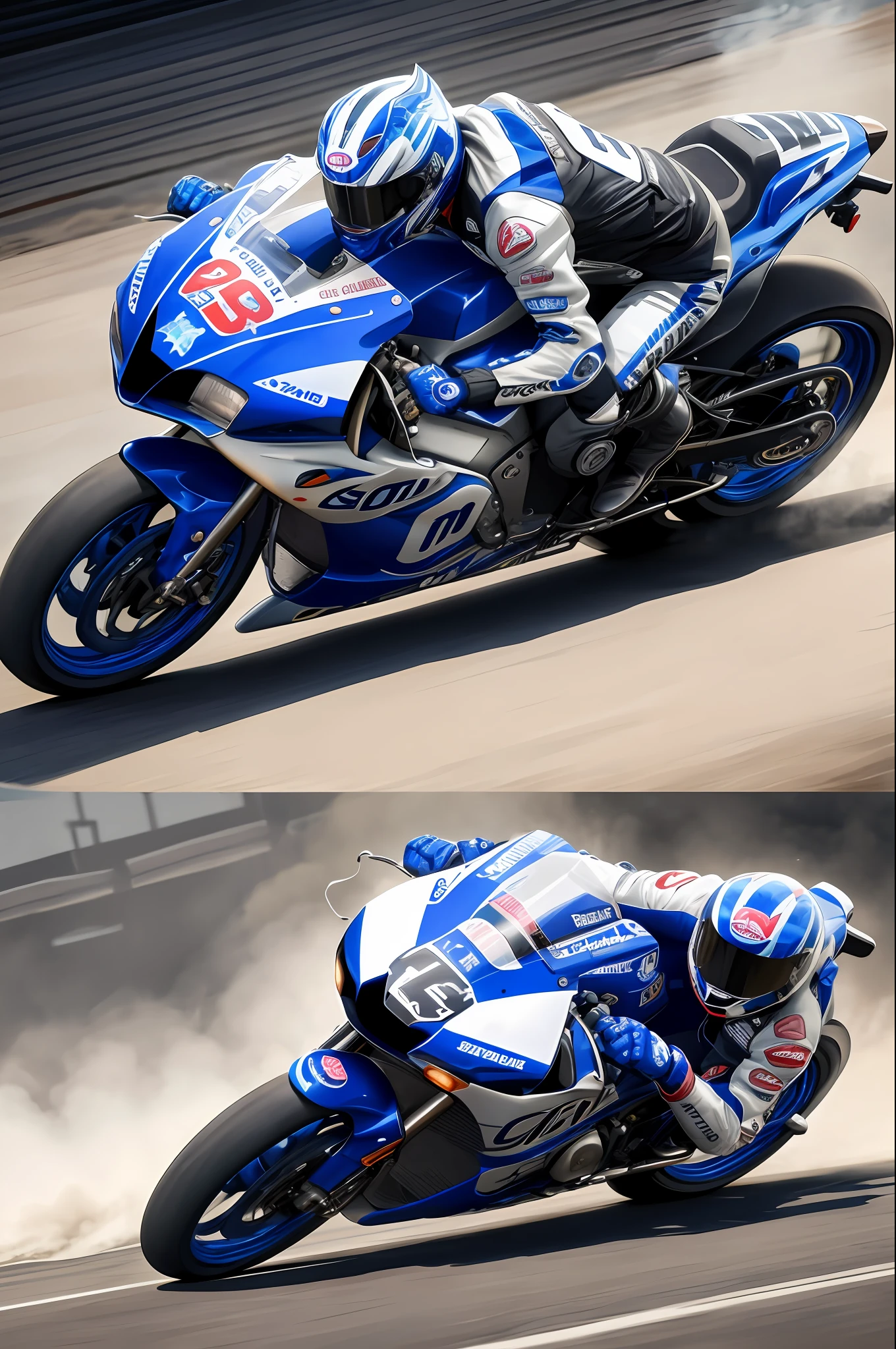 [ illustration ] cartoon page, multiple panels on one page: in the Smoggy City (background) , male and female racers on motorcycles (facial shots) , racing frantically in alleys, tires grinding against sparks on the ground, smoke and dust diffuse (GoPro, f/2.8, motion blur, long exposure, diffuse backlight) . [ multi-angle, continuous shooting ] in the style of Kitao, cobalt blue and reflective silver, film P30, asymmetrical composition