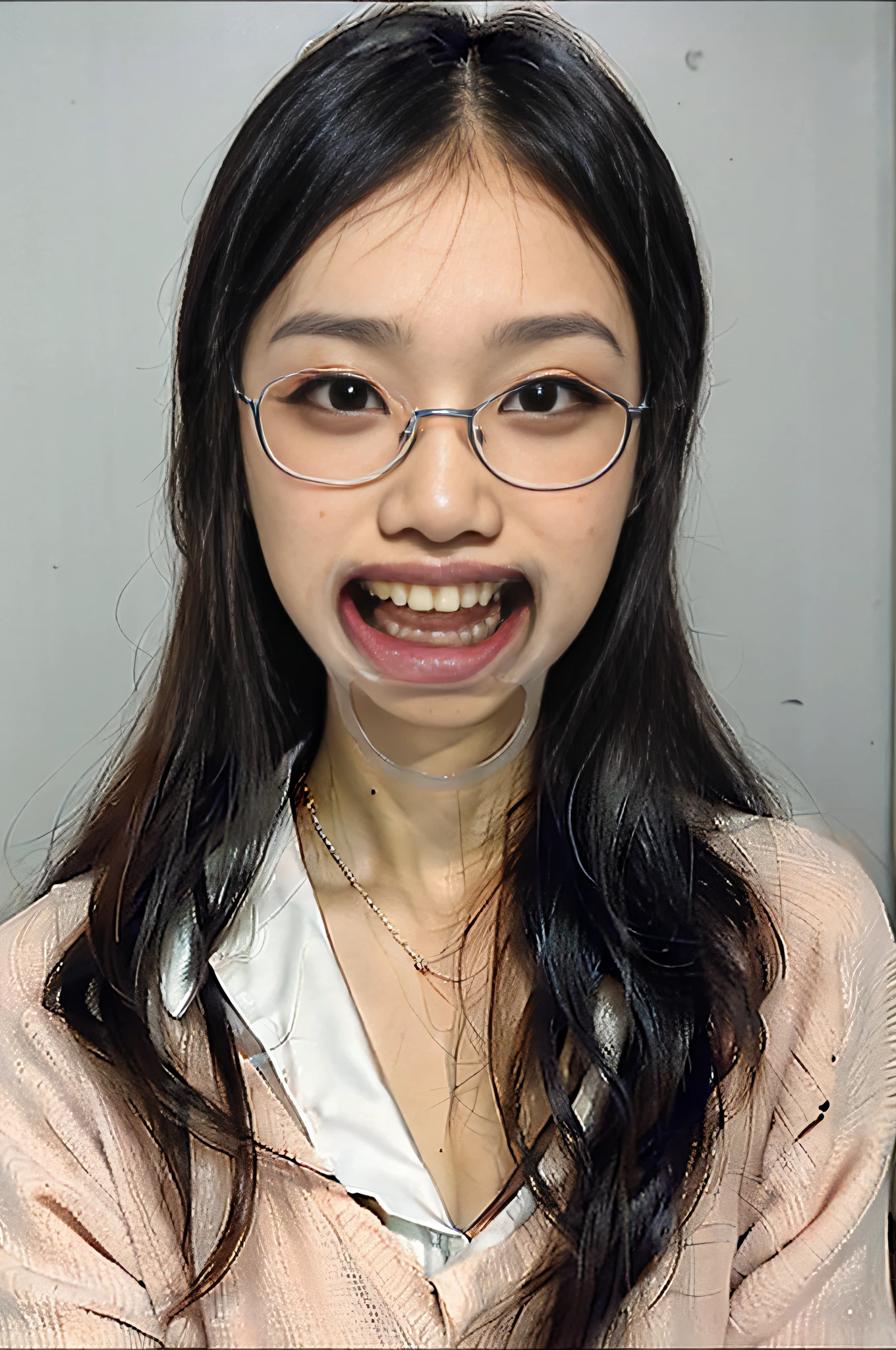 Big mouth、An ultra-detailed mouth、An ultra-detailed teeth、An ultra-detailed tongue、Cloth underwear、It is well wet、Glasses、hairpin、Face View、high school girls、Fashionable hairstyle、thin lips、Mole、freckle