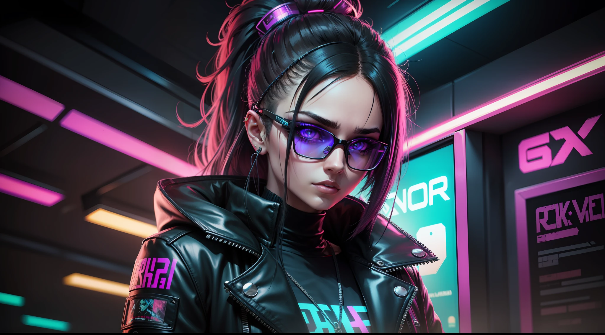 a woman wearing glasses and a leather jacket with neon lights, cyberpunk eye wear, brilho cyberpunk brilhante, cyberpunk vibes, vibe cyberpunk, modelo bonito da mulher cyberpunk, olhar cyberpunk, Foto cyberpunk, cyberpunk cores vibrantes, estilo cyberpunk, no estilo cyberpunk, cyberpunk sonhadora, cor estilo cyberpunk, tem estilo cyberpunk, cara bonita da meninapunk, alta moda cyberpunk, cyberpunk menina boniterpunk lighting, neon smoke