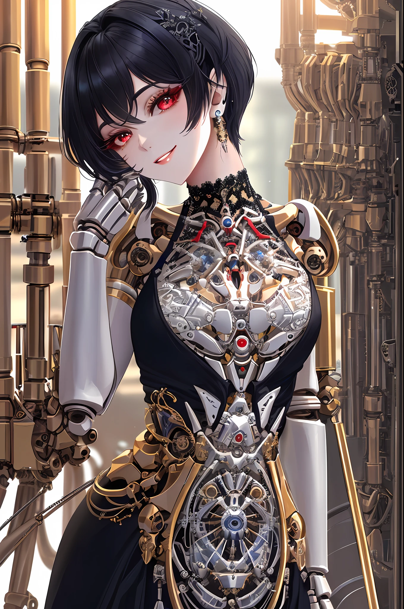 maximum quality, masterpiece, very precise details, absurdity, very fine 8KCG wallpapers, an extremely delicate and beautiful girl, highly detailed character, incredibly beautiful, extreamly delicate and beautiful, Intricate details, ((upper_body)), Long eyelashes, shiny_skin, (pixie cut:1.1), long sideburns, dark black hair, shiny hair, delicate beautiful face, Very detailed eyes and face, Beautiful and delicate eye for intricate details, red eyes, ((The Perfect Five Fingers))、head rest, (Mechanical joints, Machine Hand:1.4), (Show your teeth and smile), Earrings, choker, Sexy Dresses、white_back graund,