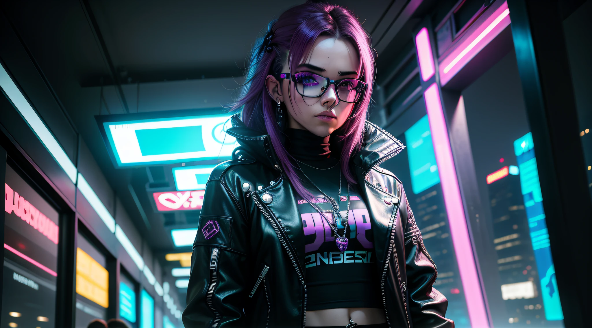 a woman wearing glasses and a leather jacket with neon lights, cyberpunk eye wear, brilho cyberpunk brilhante, cyberpunk vibes, vibe cyberpunk, modelo bonito da mulher cyberpunk, olhar cyberpunk, Foto cyberpunk, cyberpunk cores vibrantes, estilo cyberpunk, no estilo cyberpunk, menina cyberpunk sonhadora, cor estilo cyberpunk, tem estilo cyberpunk, cara bonita da menina cyberpunk, alta moda cyberpunk, cyberpunk menina bonita, cyberpunk lighting, neon smoke