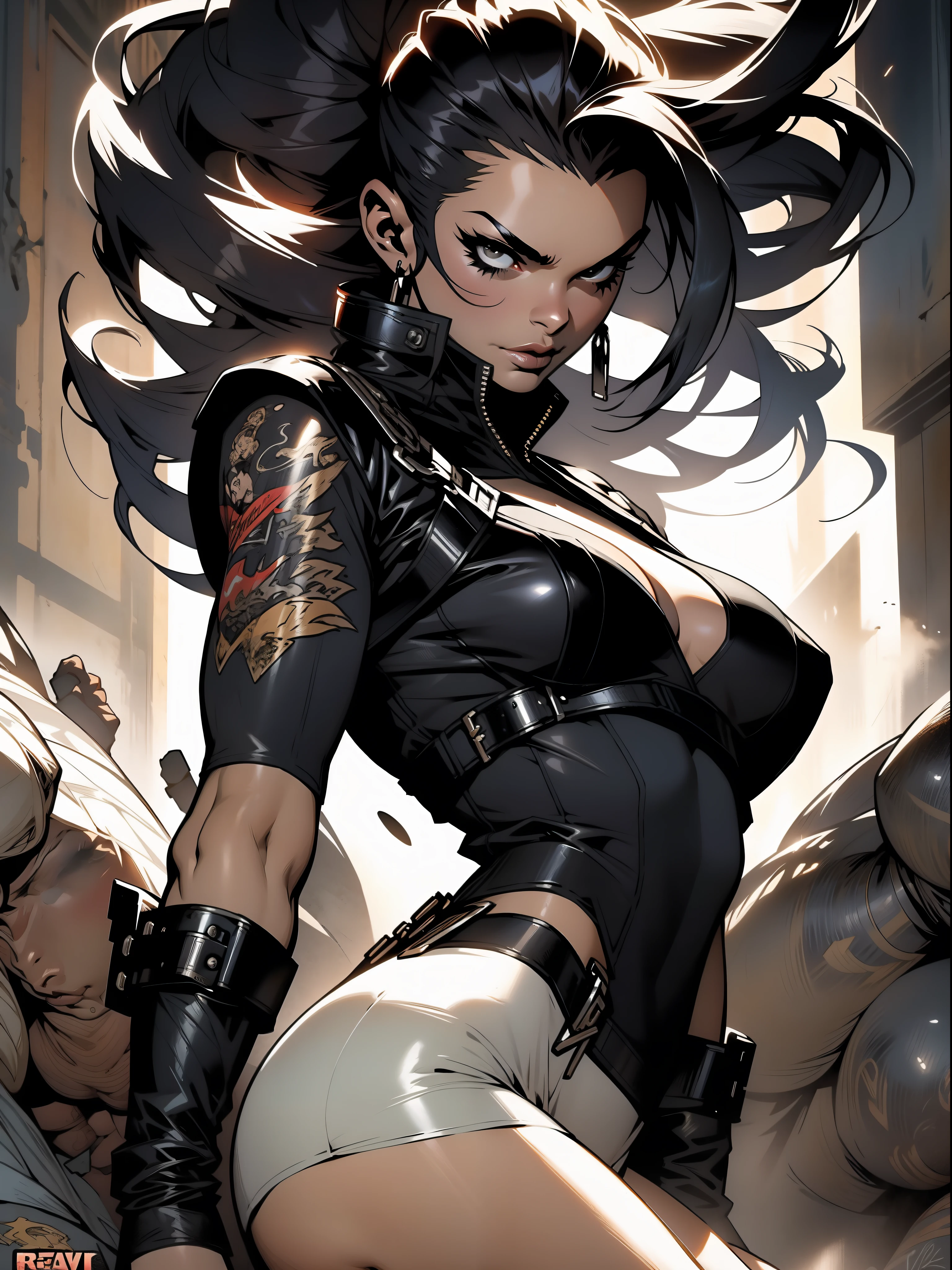 Uma guerreira mulher de 35 anos musculosa quase nua no estilo Simon Bisley para a capa da revista Heavy Metal, cabelo metade preto metade branco, Minimum clothing, Roupas curtas,