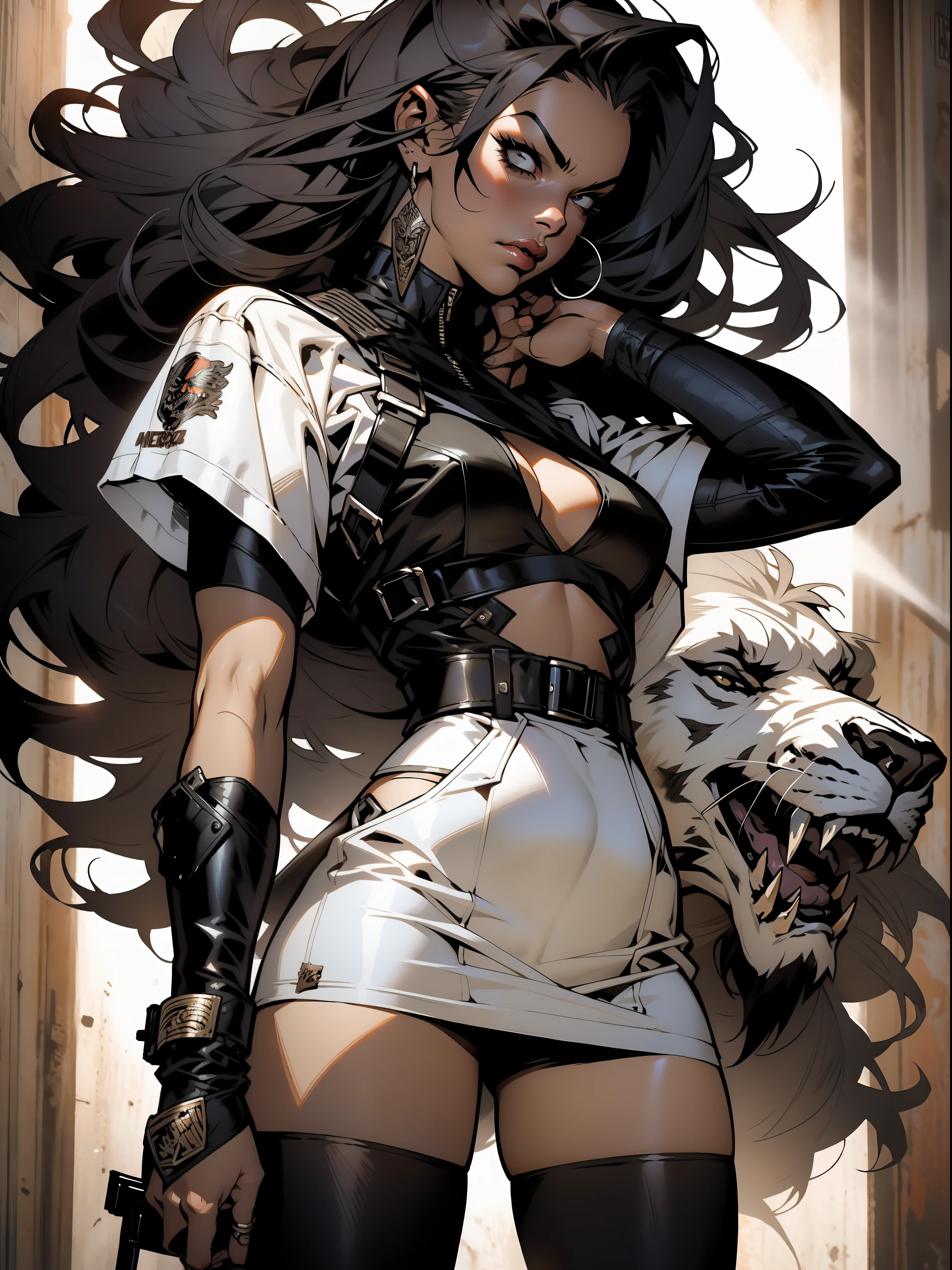 Uma guerreira mulher de 35 anos musculosa quase nua no estilo Simon Bisley para a capa da revista Heavy Metal, cabelo metade preto metade branco, Minimum clothing, Roupas curtas,