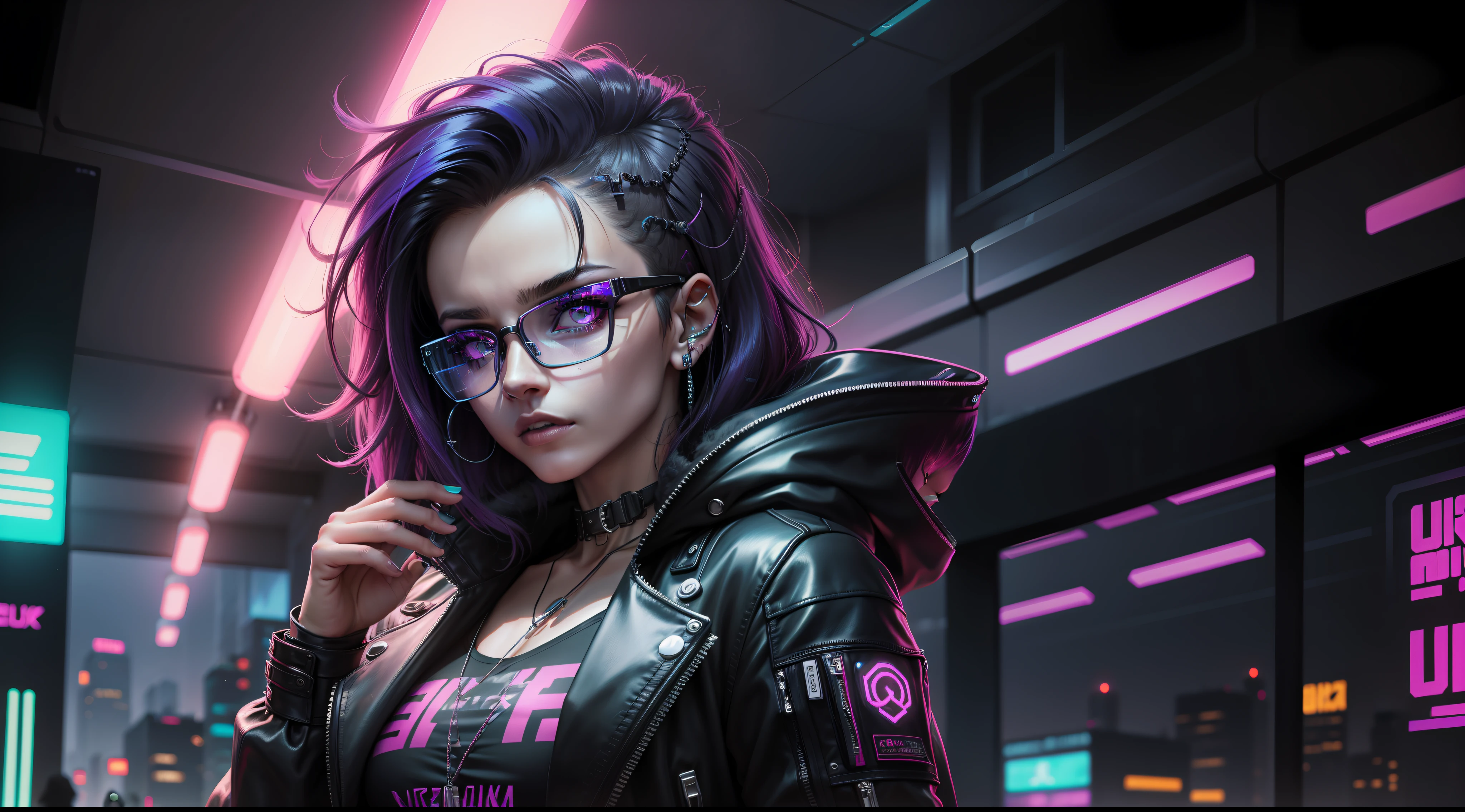 a woman wearing glasses and a leather jacket with neon lights, cyberpunk eye wear, brilho cyberpunk brilhante, cyberpunk vibes, vibe cyberpunk, modelo bonito da mulher cyberpunk, olhar cyberpunk, Foto cyberpunk, cyberpunk cores vibrantes, estilo cyberpunk, no estilo cyberpunk, menina cyberpunk sonhadora, cor estilo cyberpunk, tem estilo cyberpunk, cara bonita da menina cyberpunk, alta moda cyberpunk, cyberpunk menina bonita, cyberpunk lighting, neon smoke