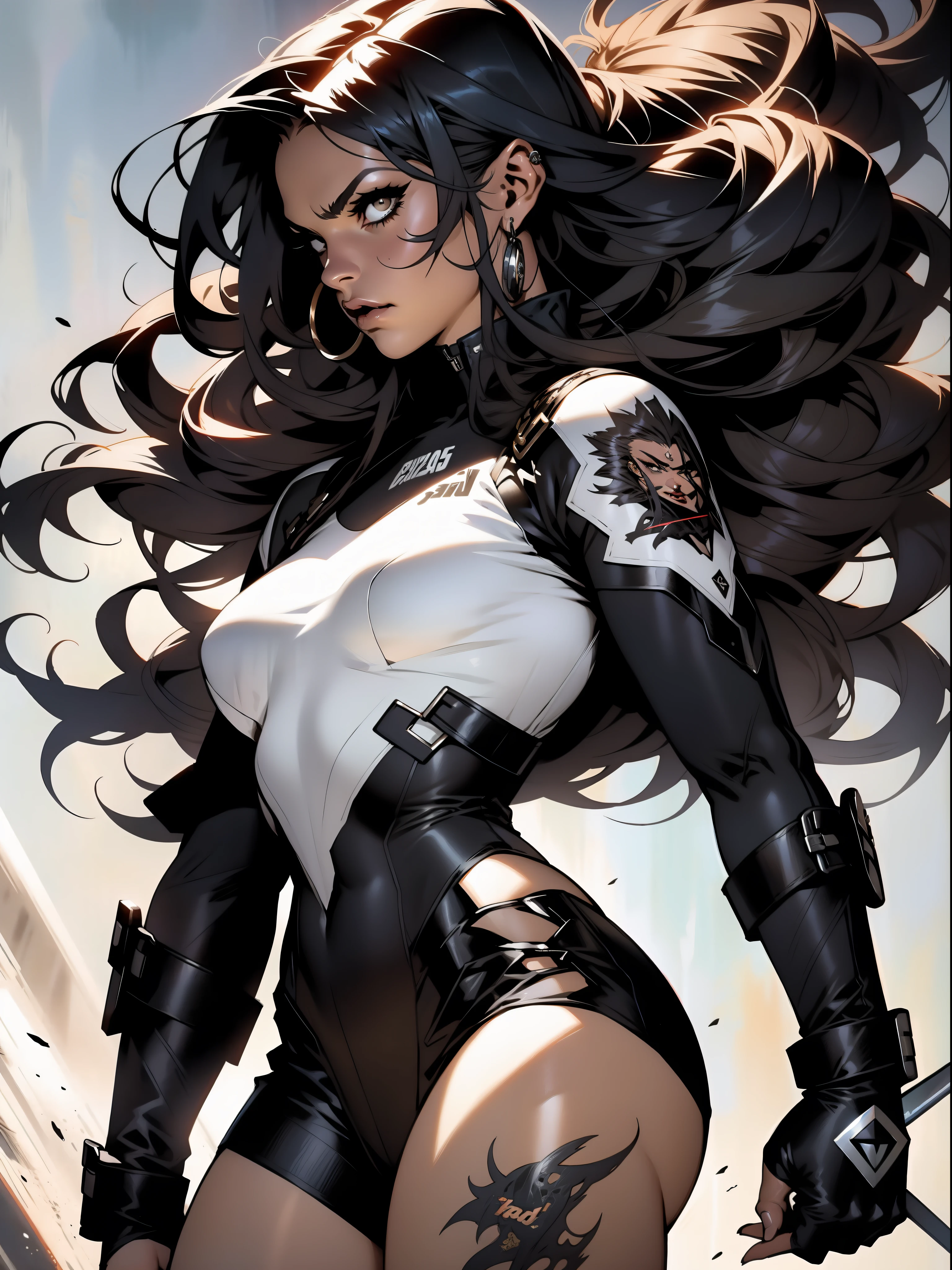Uma guerreira mulher de 35 anos musculosa quase nua no estilo Simon Bisley para a capa da revista Heavy Metal, cabelo metade preto metade branco, Minimum clothing, Roupas curtas,
