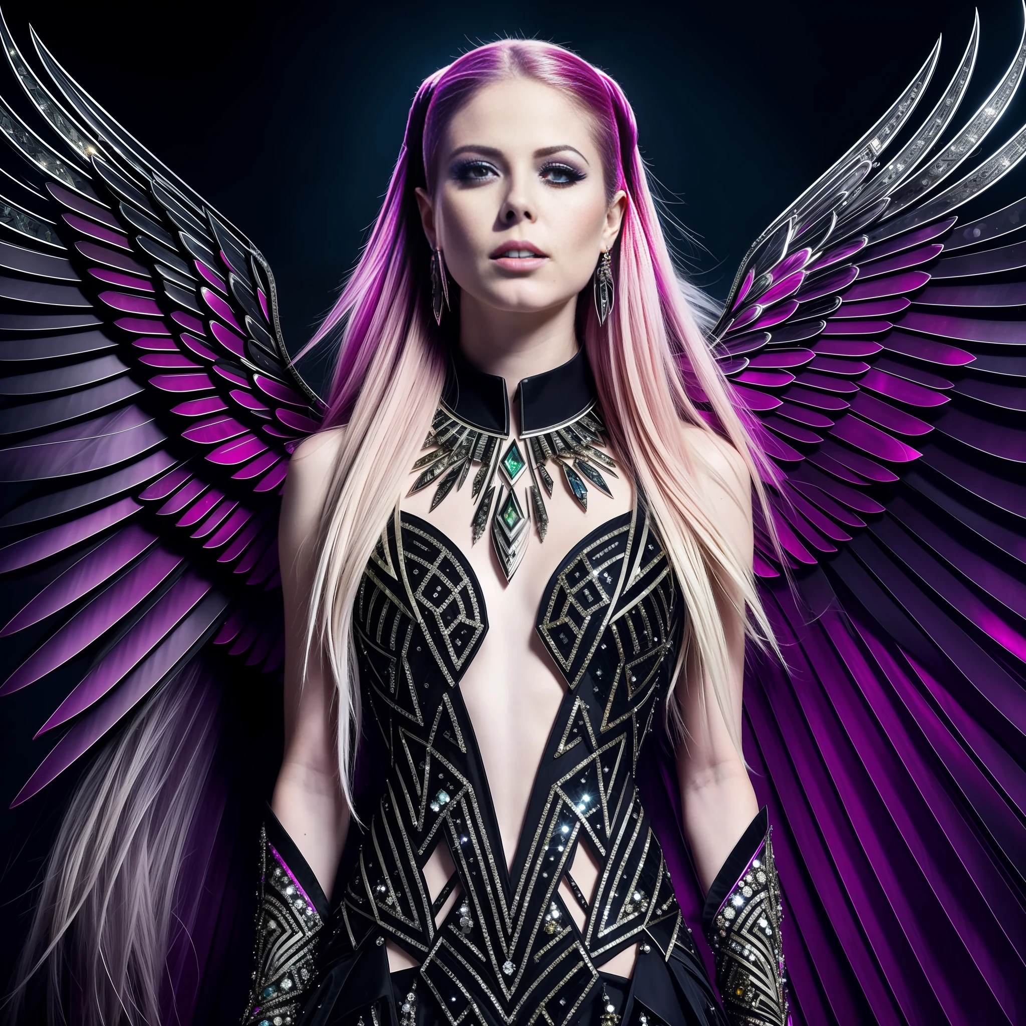 Ultra Photo of Avril Lavigne with spinel black wings on dress with tourmaline diamond kunzite sparks, 16K texture, robotic and extravagant dress and strange hairstyle, 16k image, haute couture, flashes, high image quality, extravagant and bright dress, realistic face and body, tattoos, 16k body and face, dramatic poses, UHD HDR DSLR