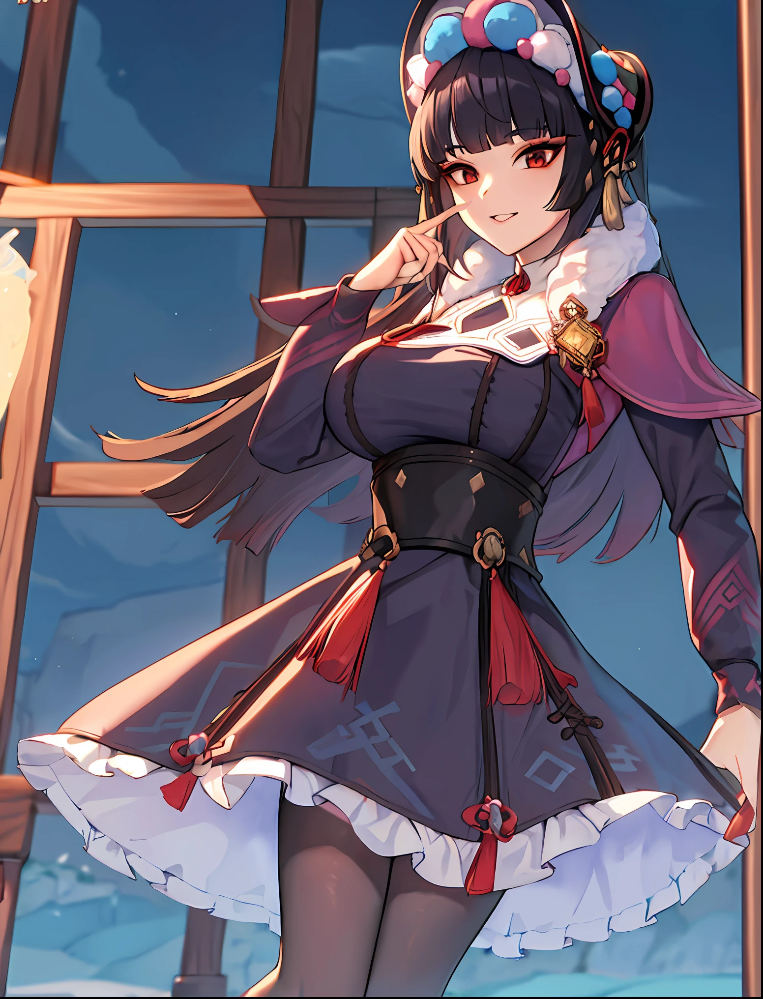 ((masterpiece:1.2)), yunjin(genshin impact), best quality, (pretty face), dramatic lighting,1girl, solo, blunt bangs, hime cut, black corset, black hair, collar, mascara, ((red eyeshadow)), long hair, sidelocks, floating hair, looking at viewer, (makeup), pink capelet, qi ****ta, red eyes, puffy long sleeves, bonnet, purple dress, ((large breasts)), (under bust), parted lips, light smile, hand up, index finger raised, skirt, (purple pantyhose), (wind blowing skirt), anime screencap, (night sky), east asian architecture, Liyue, tassel, black footwear, (half closed eyes), genshin impact, boots, (full body view),