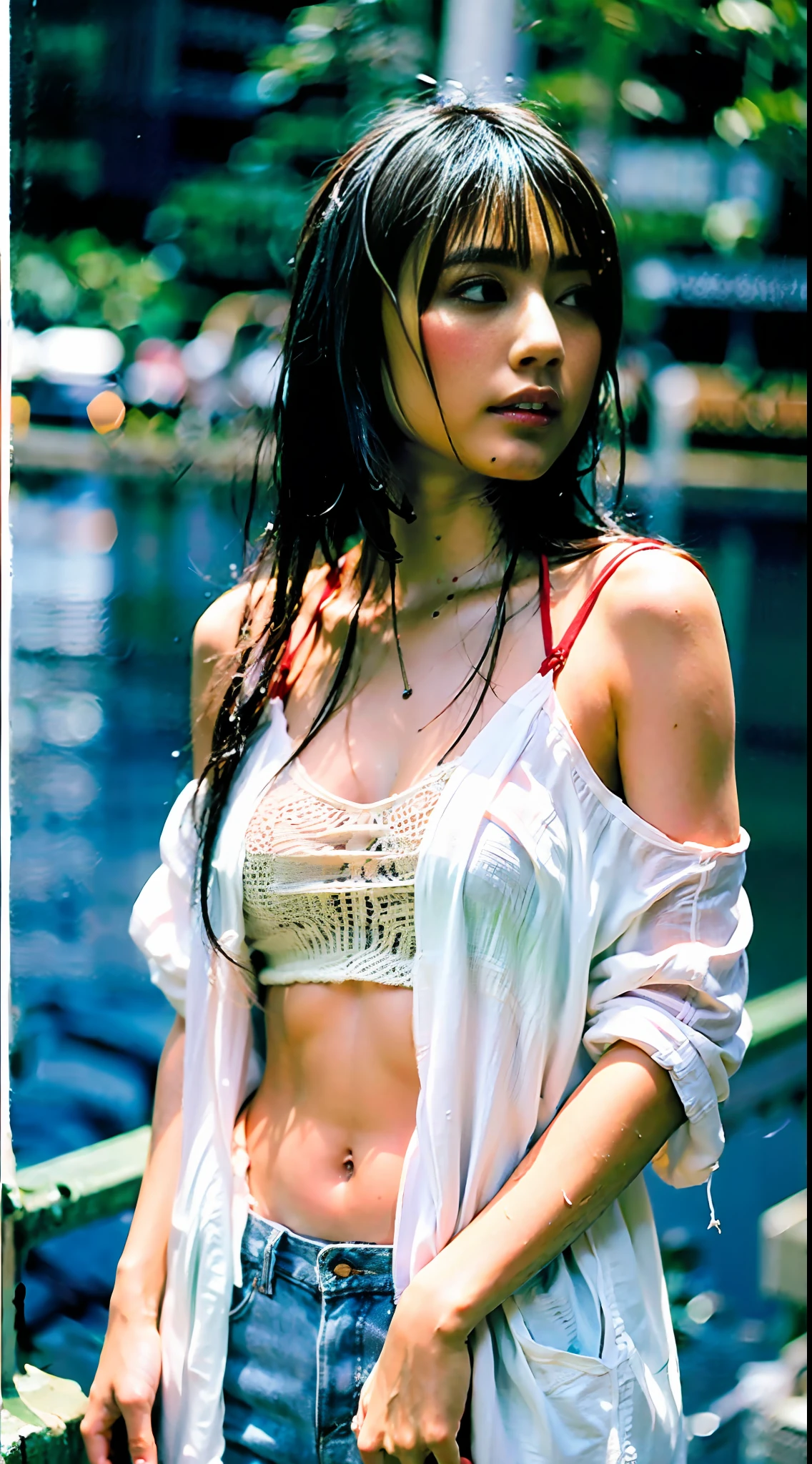 Best picture quality, masterpiece, ultra high resolution, (fidelity :1.4), photo, 1 girl,[(sadness)],white shirt, Dim, dark, desperate, pitying, pitiful, cinematic,tear,teardrop,(Torn clothes:1.5), (Wet clothes:1.4), bare shoulders,Real rain,wet hair,..
