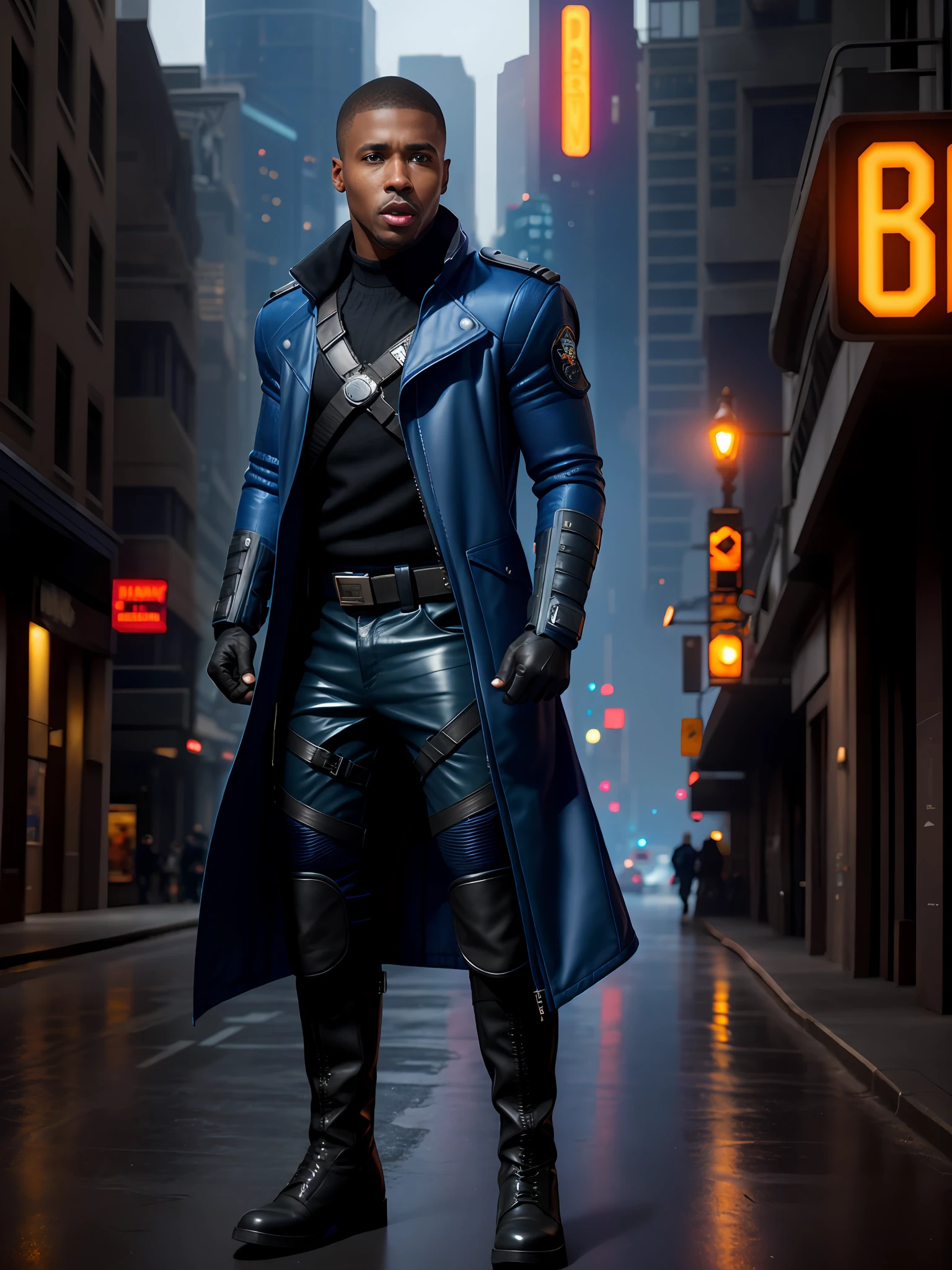 heroic pose Style-BladeRunner2049-8v:0.7, a realistic photo of 1 strong and mature young black man, Michael B. Jordan without hair earrings with standard military cut in the costume of the StarLord of Guardians of the Galaxy 1 in blue color with white and black details, full body photo, military pants, knee-high boot futuristic dark brown,  Blue knee pads, navy blue jacket, black military gloves without finger, brown military boots with metal plates in white color up to the knee, black military gloves without finger, knee pads of the same color as the boots, black bulletproof vest with metal plates in white color under the jacket, holding with your right hand a futuristic pistol of white color with black details. jacket fully in navy blue color cyberpunk nocturnal cityscape, street with neon lights, light sparkles, science fiction world, full body, closed mouth, menacing look, best quality, highres,