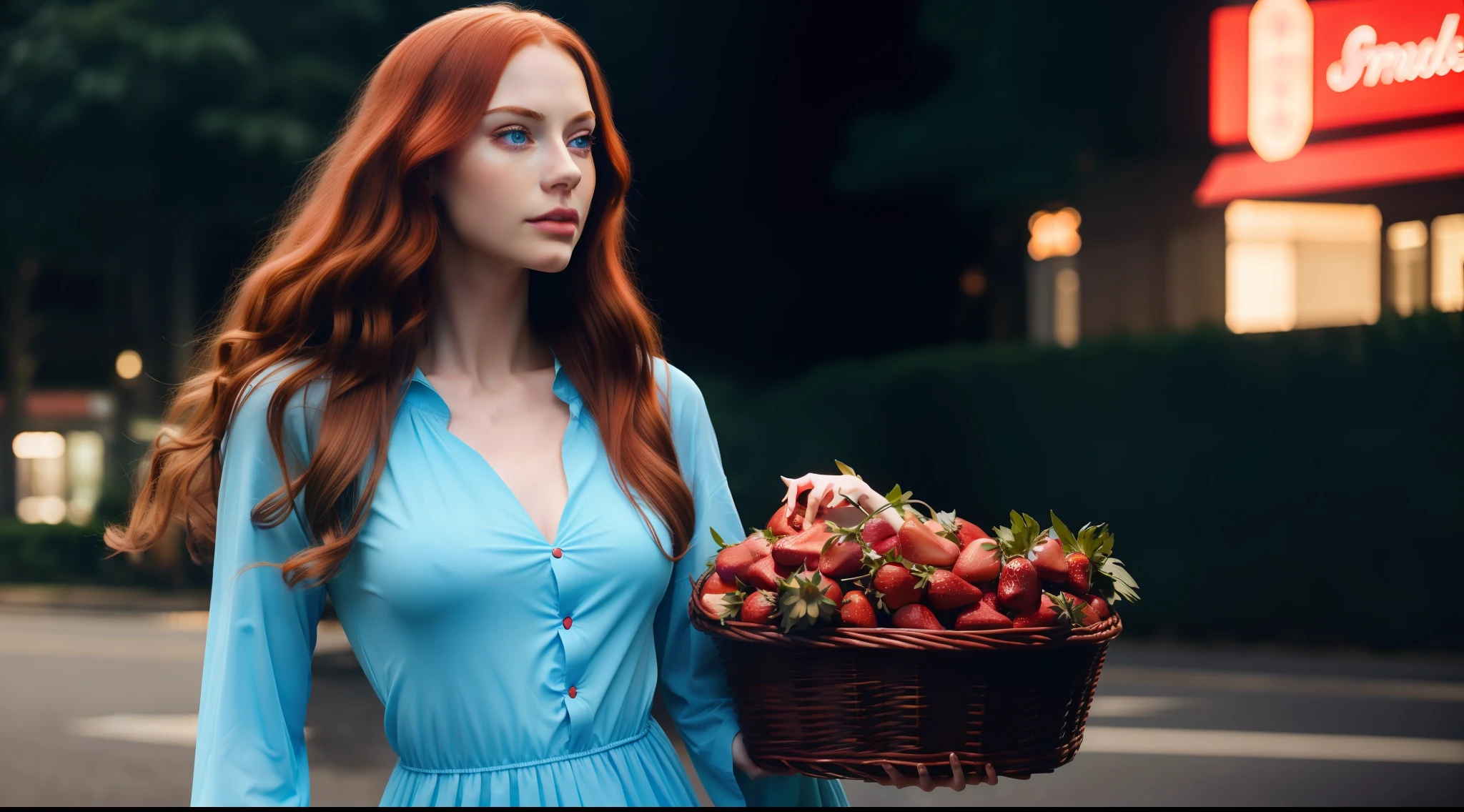 pretty young woman with pale skin, very long, wavy red hair, with big blue eyes, wearing futuristic soft light blue dress, carrying a basket of strawberries, vibrant, photorealistic, realistic, dramatic, cinematic lighting, sharp focus, 8k