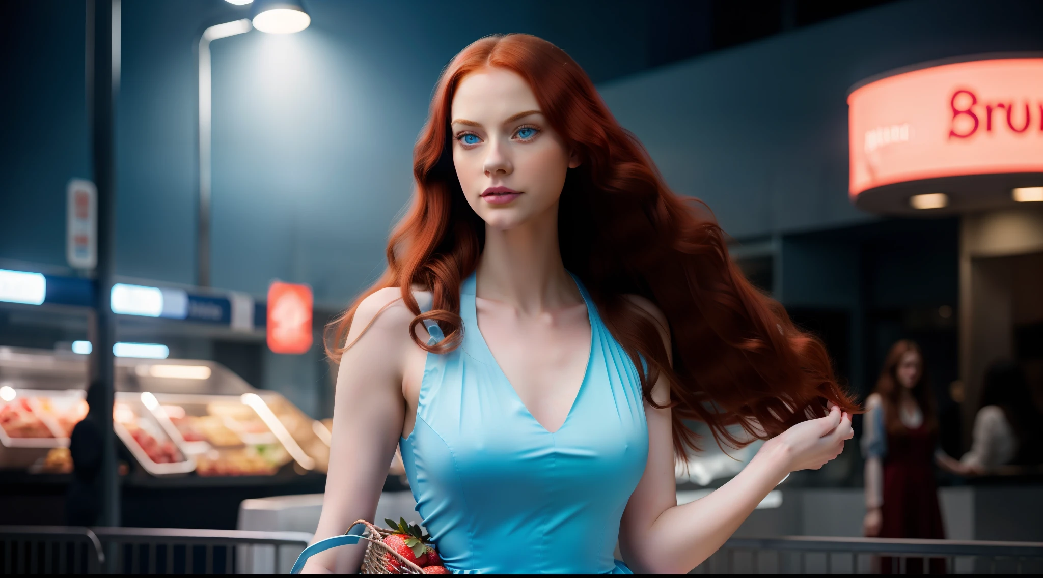 pretty young woman with pale skin, very long, wavy red hair, with big blue eyes, wearing futuristic soft light blue dress, carrying a basket of strawberries, vibrant, photorealistic, realistic, dramatic, cinematic lighting, sharp focus, 8k