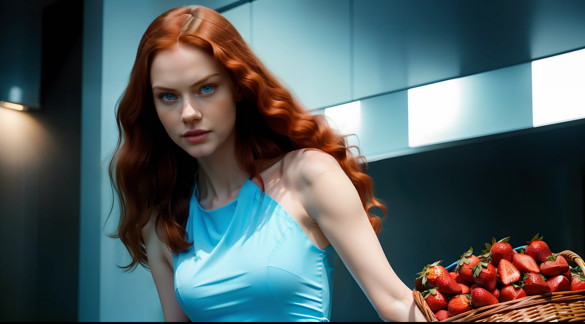 pretty young woman with pale skin, very long, wavy red hair, with big blue eyes, wearing futuristic soft light blue dress, carrying a basket of strawberries, vibrant, photorealistic, realistic, dramatic, cinematic lighting, sharp focus, 8k