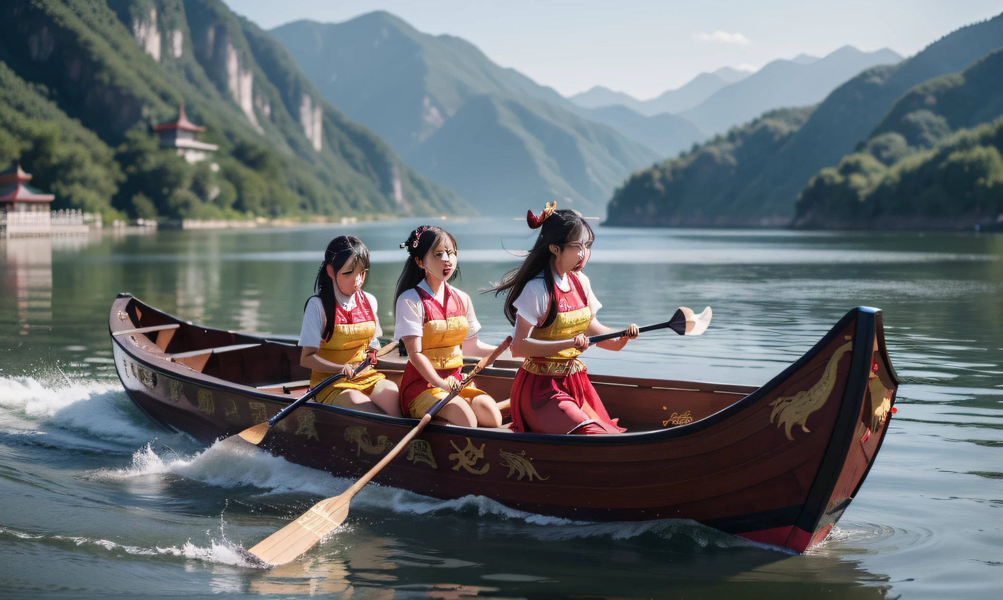 a masterpiece，the best quality，Ultra detailed，a masterpiece，specifics，High rate，8kwallpaper，4 young and cute girls rowing dragon boat at the Dragon Boat Festival，Passionate，traditional dress，Huge Chinese dragon