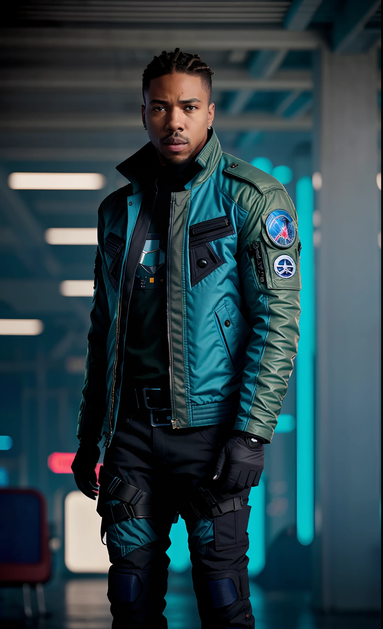 Blue military jacket, Style-BladeRunner2049-8v:0.7, a realistic photo of 1 mature young black man, Michael B. Jordan in the costume of the StarLord of Guardians of the Galaxy in blue color with white and black details, military costume, full body, military pants, knee-high boot futuristic dark brown, blue knee pads, blue military jacket, military fingerless gloves,  cyberpunk nocturnal cityscape, street with neon lights, light glows, science fiction world, full body, closed mouth, best quality, highres,