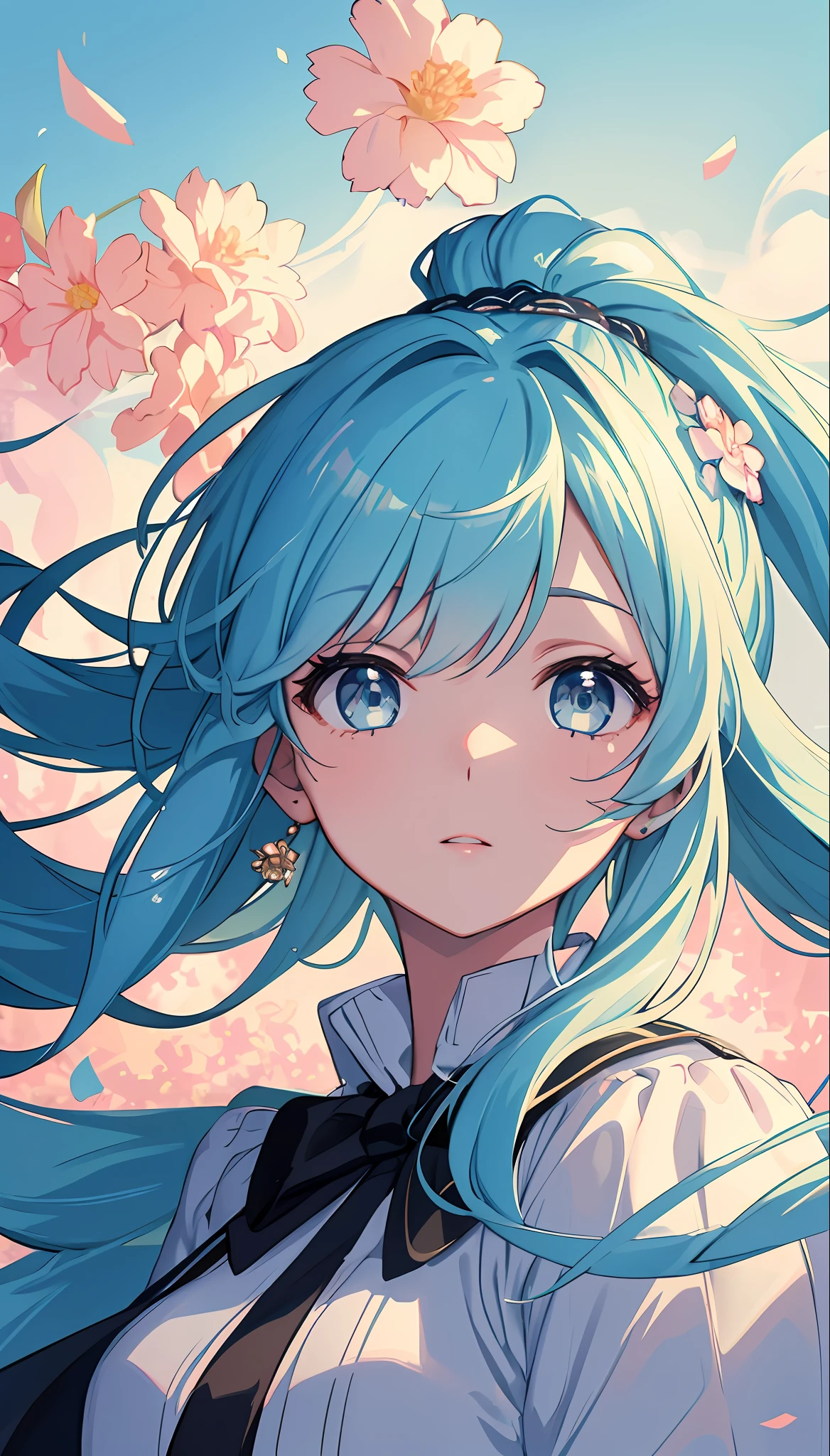 (masterpiece), (best quality), (ultra detailed),(disheveled hair),(illustration), (1girl), (Fashionable clothing), standing, Fashion model, looking at viewer, (interview), (simple background),beautiful detailed eyes, delicate beautiful face, Floating,(high saturation),(colorful splashes),colorful bubble,(shining), focus on face, ponytail, kamisato ayaka, light blue hair, bangs, hair ring, floating flowers, floating hairs, (shining), best lighting, best shadow,