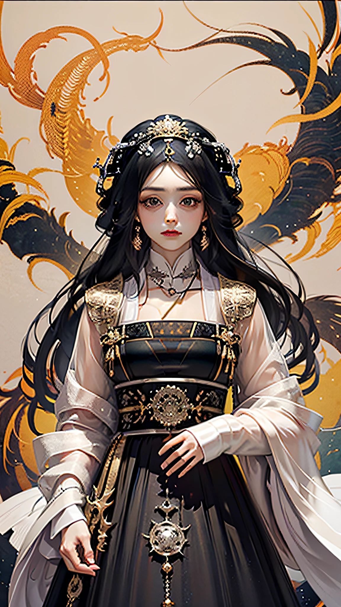 Official Art, Unified 8K Wallpapers, Ultra Detailed, Beautiful and Aesthetic, Masterpiece, Best Quality, (Zentangle, Tangle, Entangle), (fractal art: 1.4), 1girl close-up, long black hair, long flowing hair, fringed hair ornament, Chinese, black and white hanfu, fringed waist ornaments, jade pendant, long skirt, horse face skirt, tulle clothes, cloudy and misty, petals, very detailed, dynamic angle, cowboyshot, (most beautiful form chaos), flowing, oc, (half: 1), Chinese, black and white main color, black long dress, white flying dragon, (ribbon: 1.3), (dream: 1.5), (Hanfu: 2), Chinese dragon, Chinese phoenix, (smile: 0.5 ), (Chinese deities), n